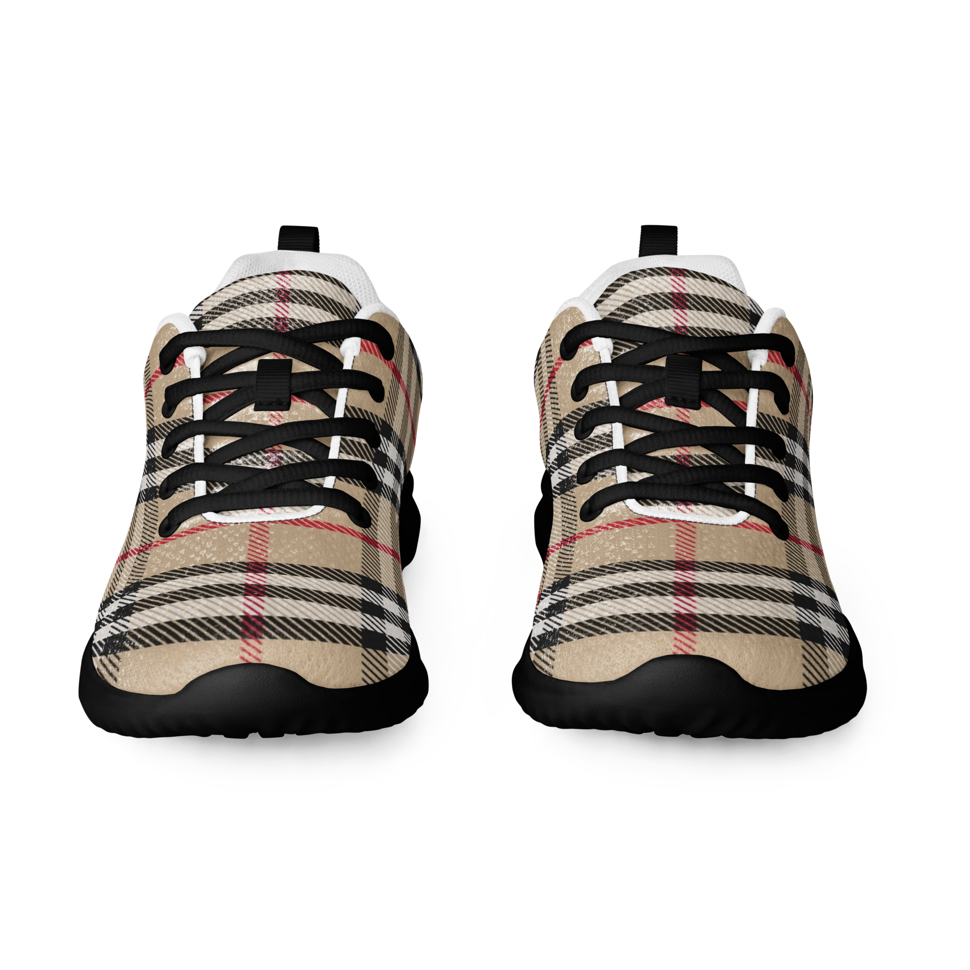 A pair of athletic shoes with a checkered pattern, featuring a lace-up front