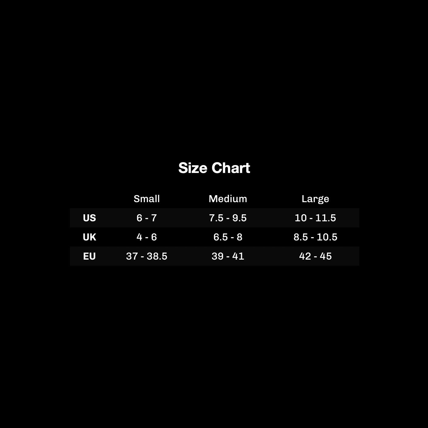 Size chart comparing US, UK, and EU measurements on a black background