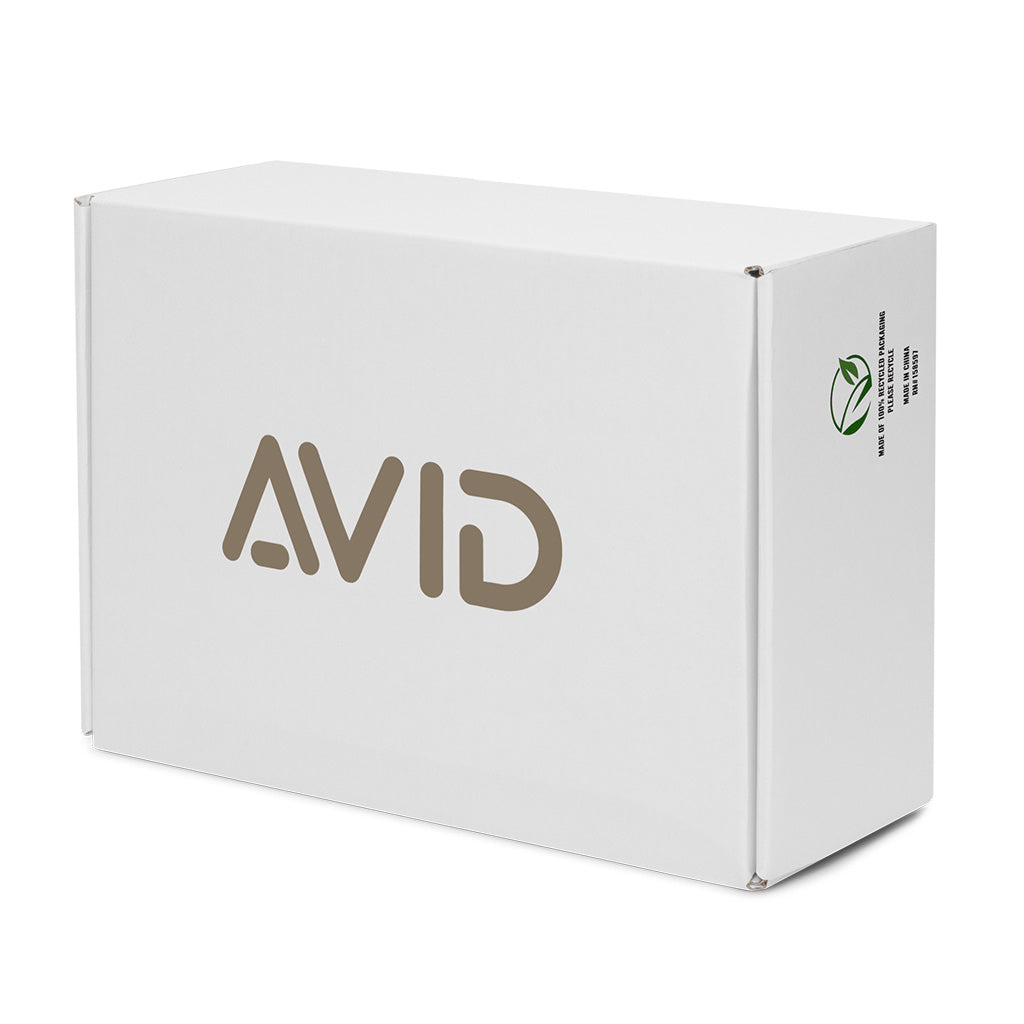 White box with 'AVID' branding on a white background