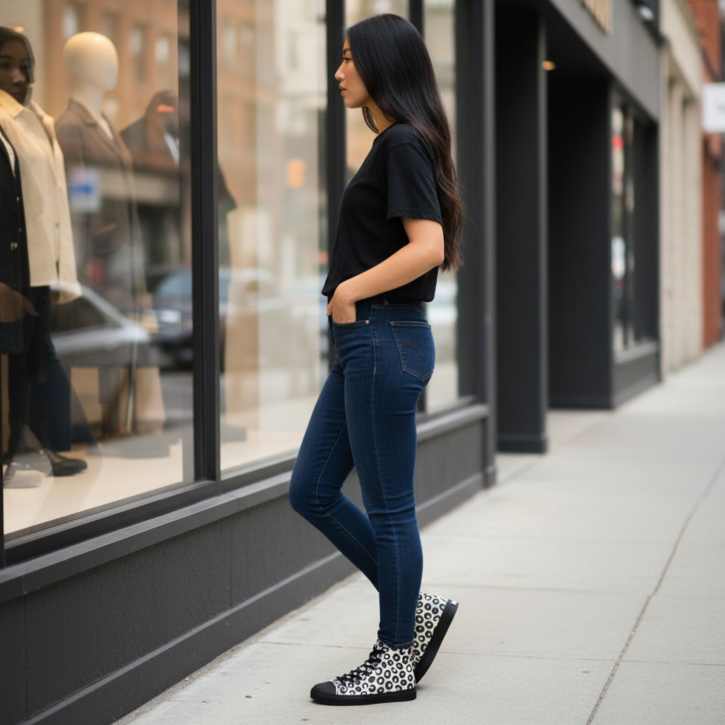 Woman in black t-shirt and blue jeans standing on a city sidewalk with a store window in the background.