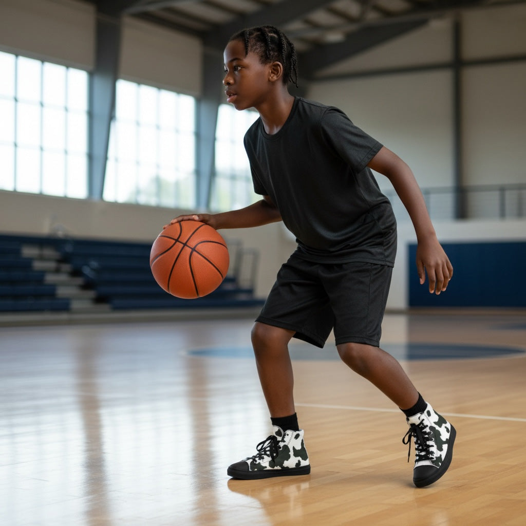 Young person holding a basketball on a gymnasium floor