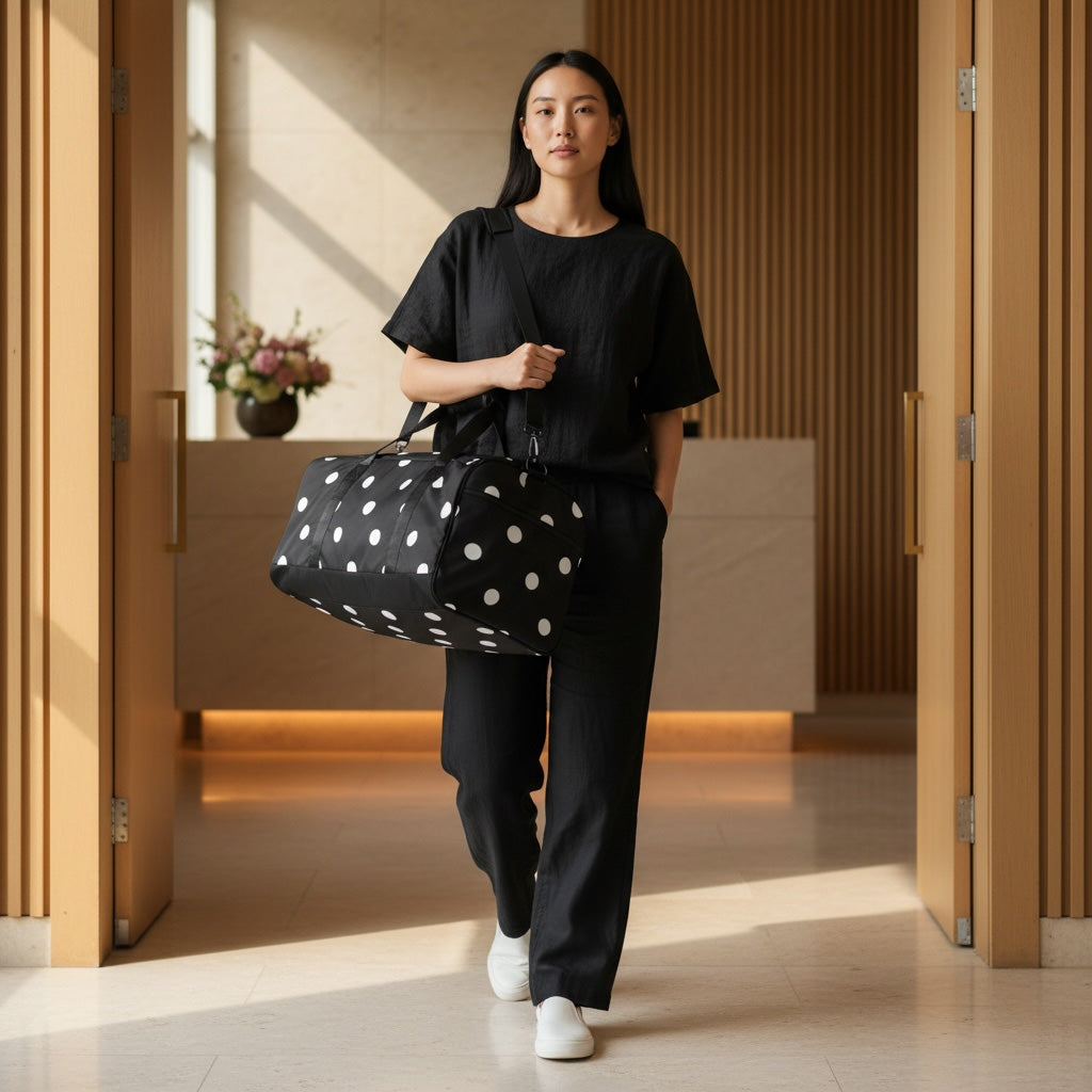 Woman holding a black polka dot bag in a well-lit hallway