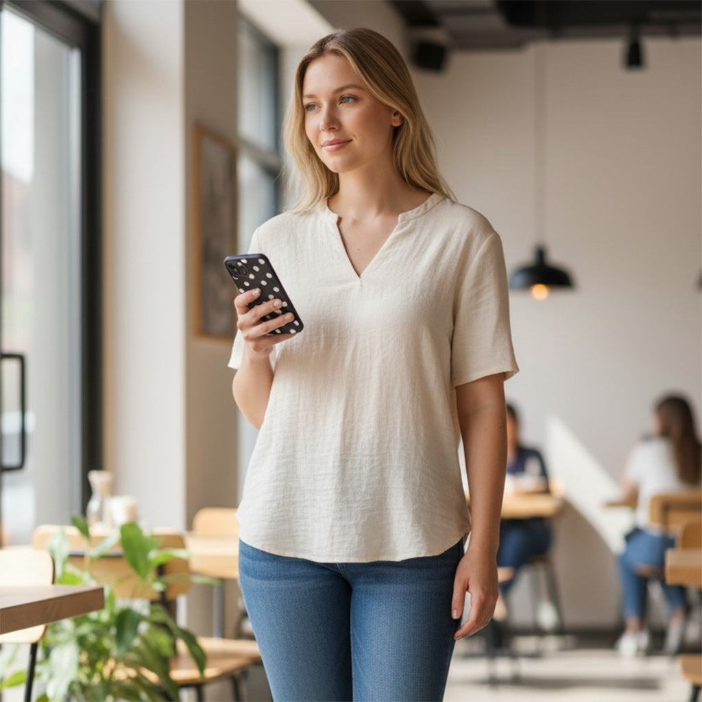Woman holding a dotty phone in a casual setting with blurred background