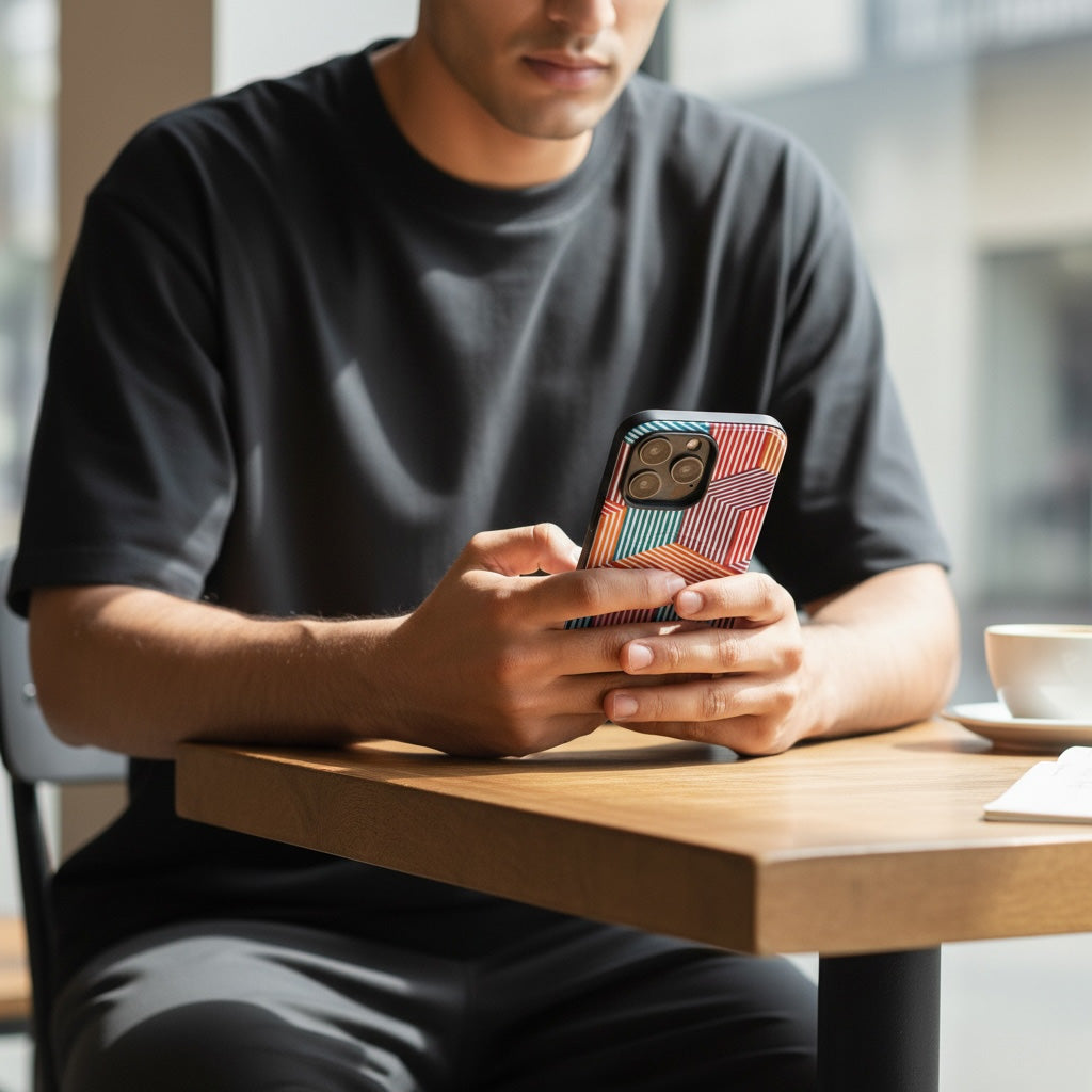 Person using a Funky Magsafe iphone at a wooden table in a casual setting