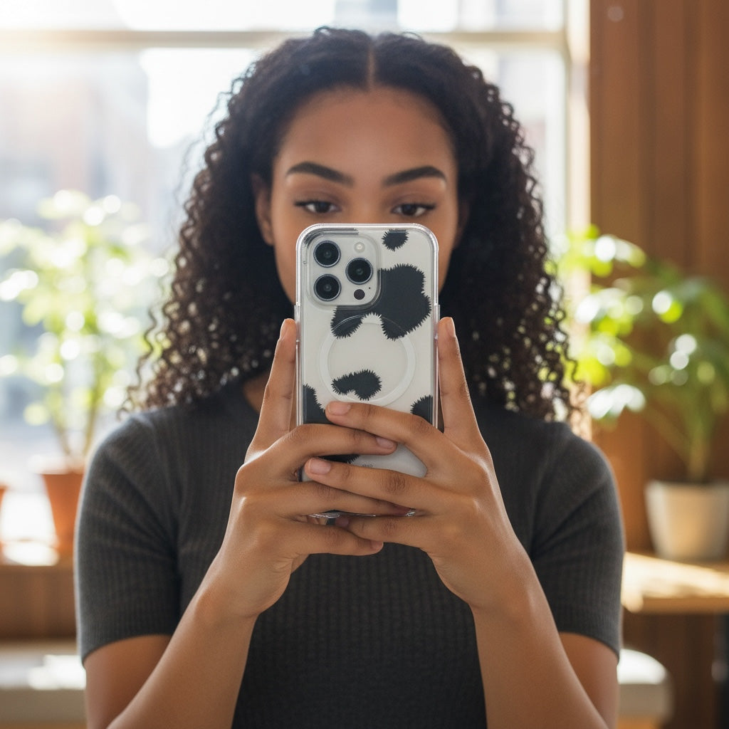 Person holding a phone with a cow print case in a room with plants