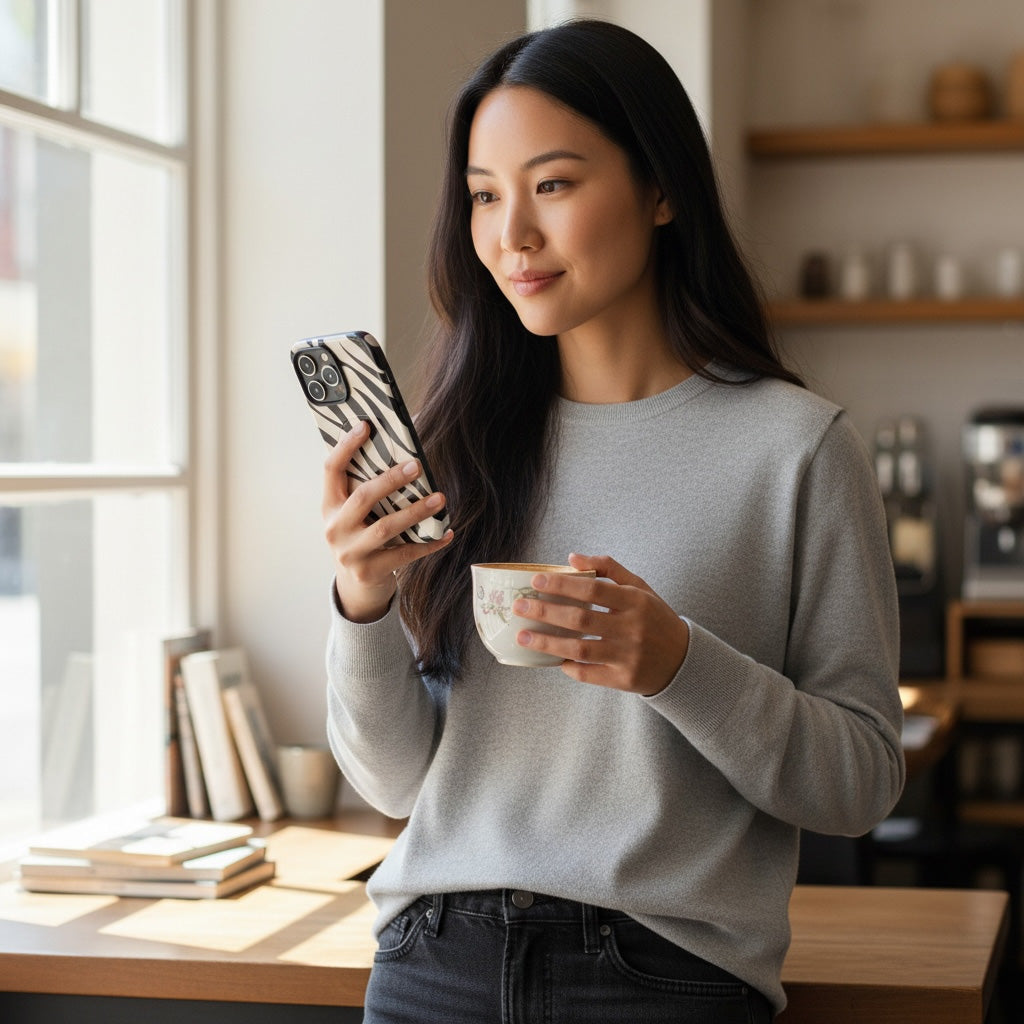 Woman holding an iphone with a zebra case and a mug in a kitchen.