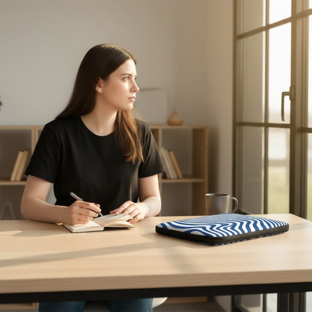 Woman sitting at a desk writing in a notebook with a blue and white patterned bag on the table.