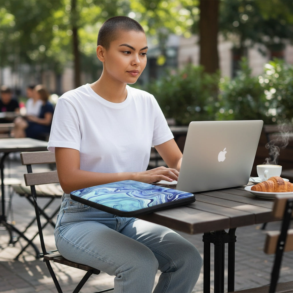 Person using a laptop at an outdoor cafe table with a scenic background