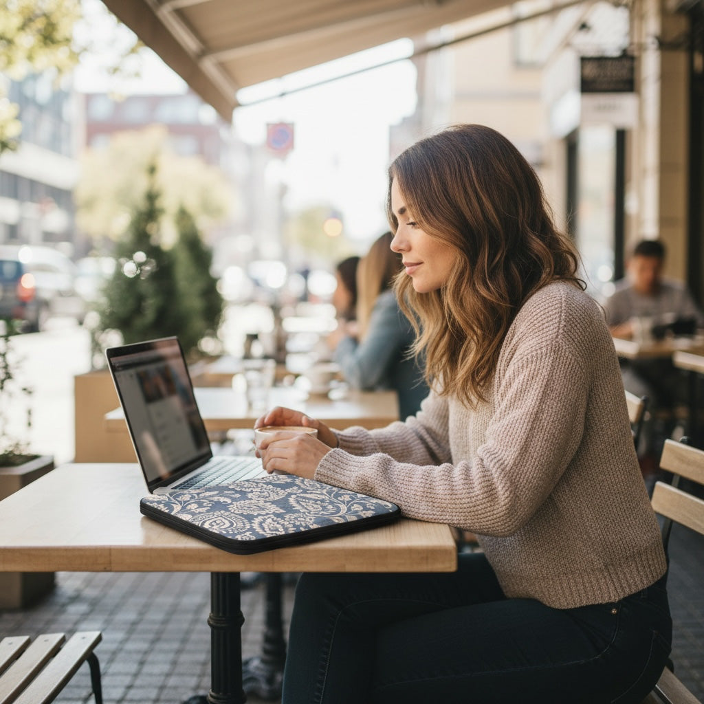 Woman using a laptop at an outdoor cafe