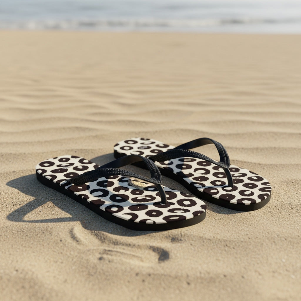 Pair of leopard print flip-flops on sand with ocean in the background