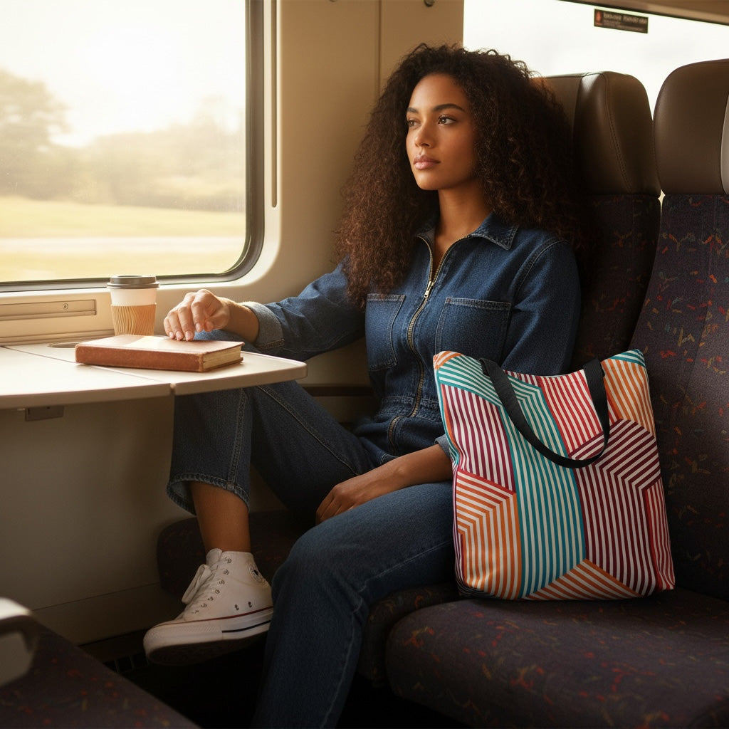 Woman sitting on a train with a colorful Funky Tote bag,