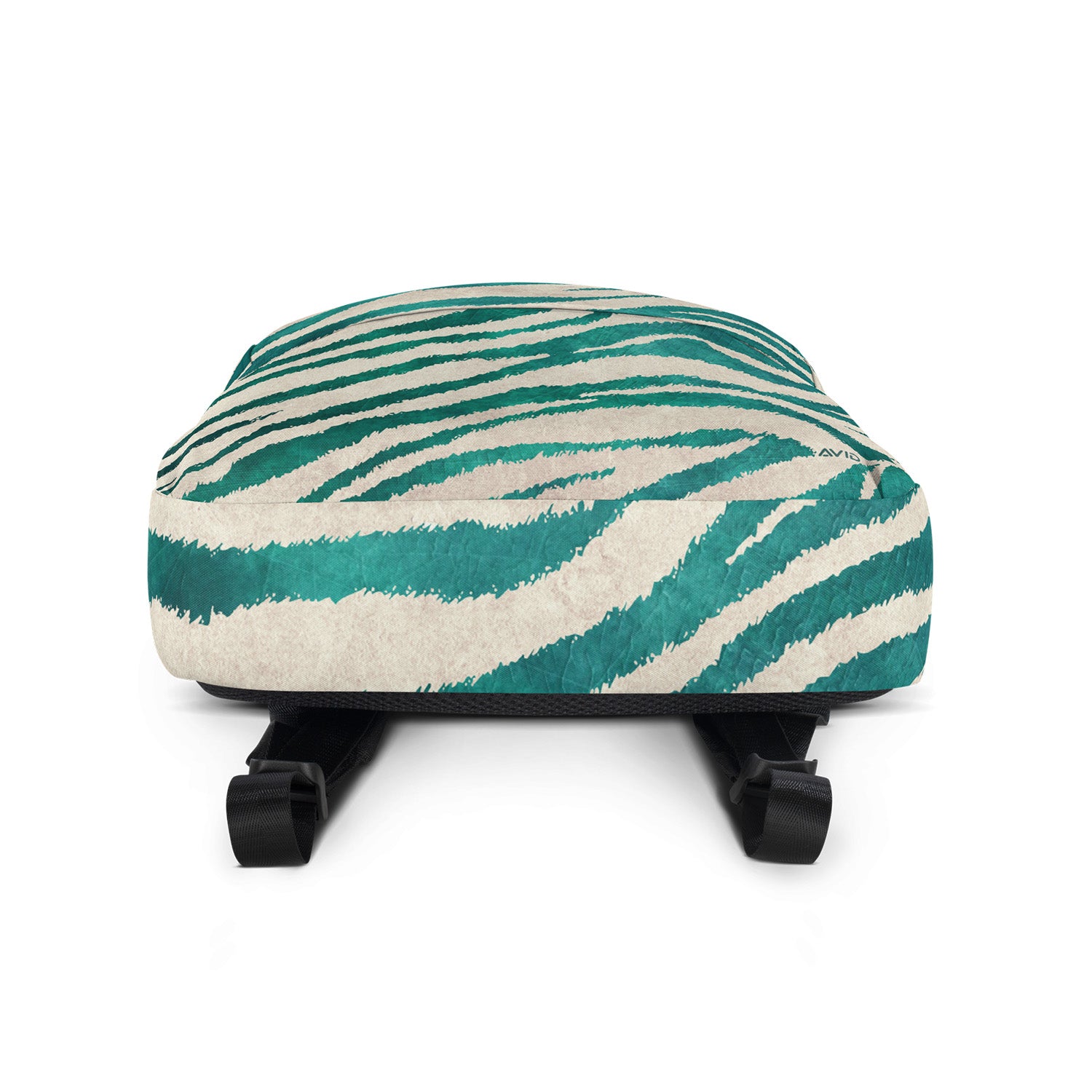 Footstool with teal and beige zebra pattern on a white background