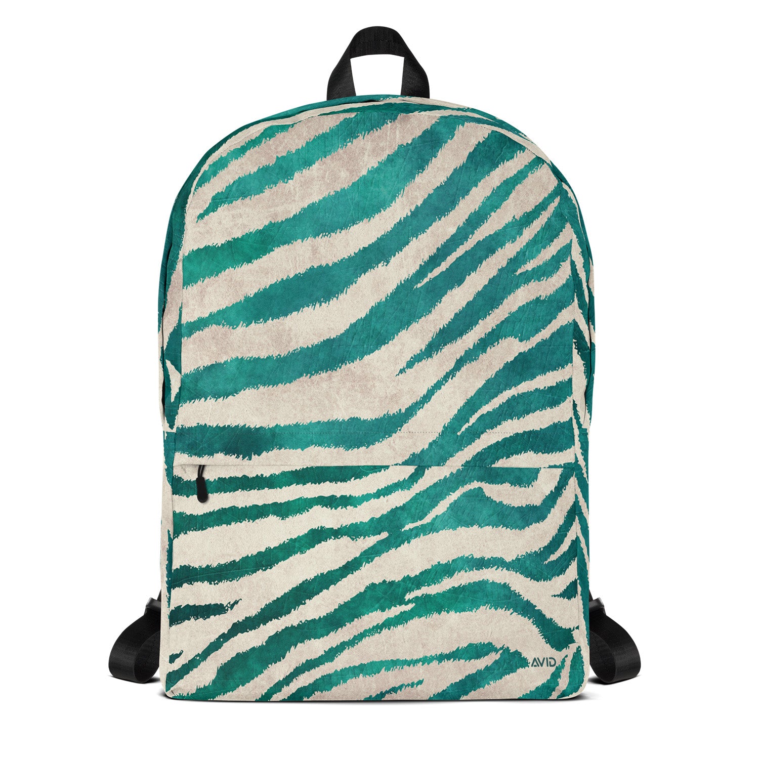 Backpack with teal and beige zebra pattern on a white background