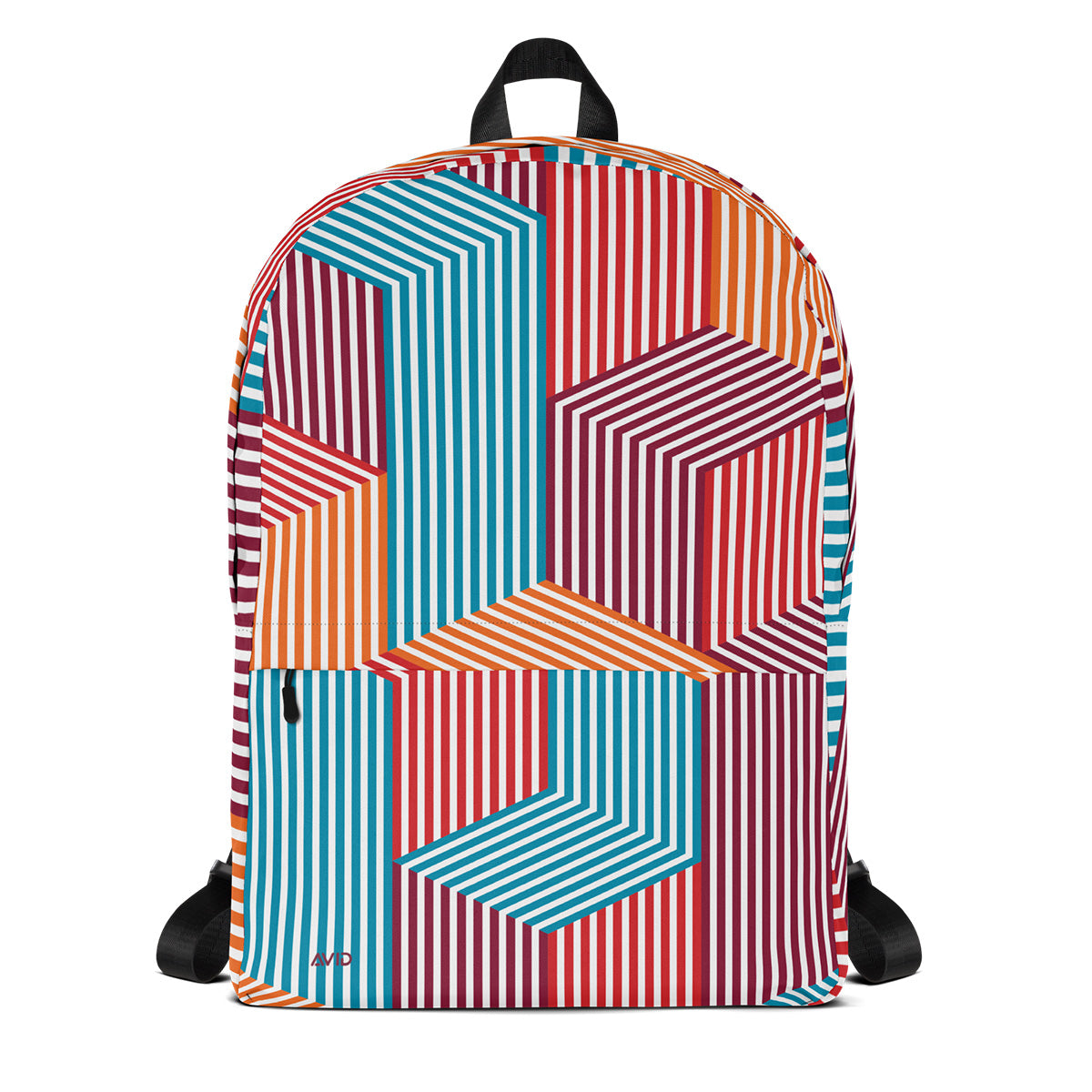 Colorful geometric-patterned backpack on a white background