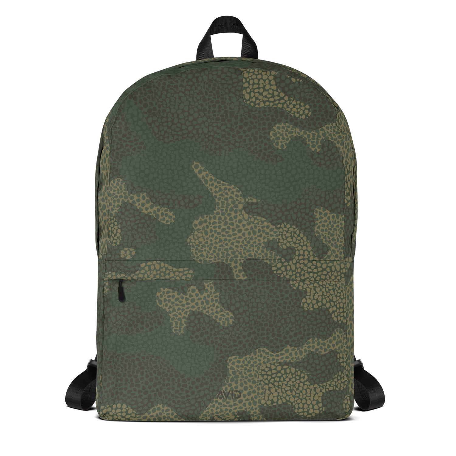 Camouflage-patterned backpack on a white background