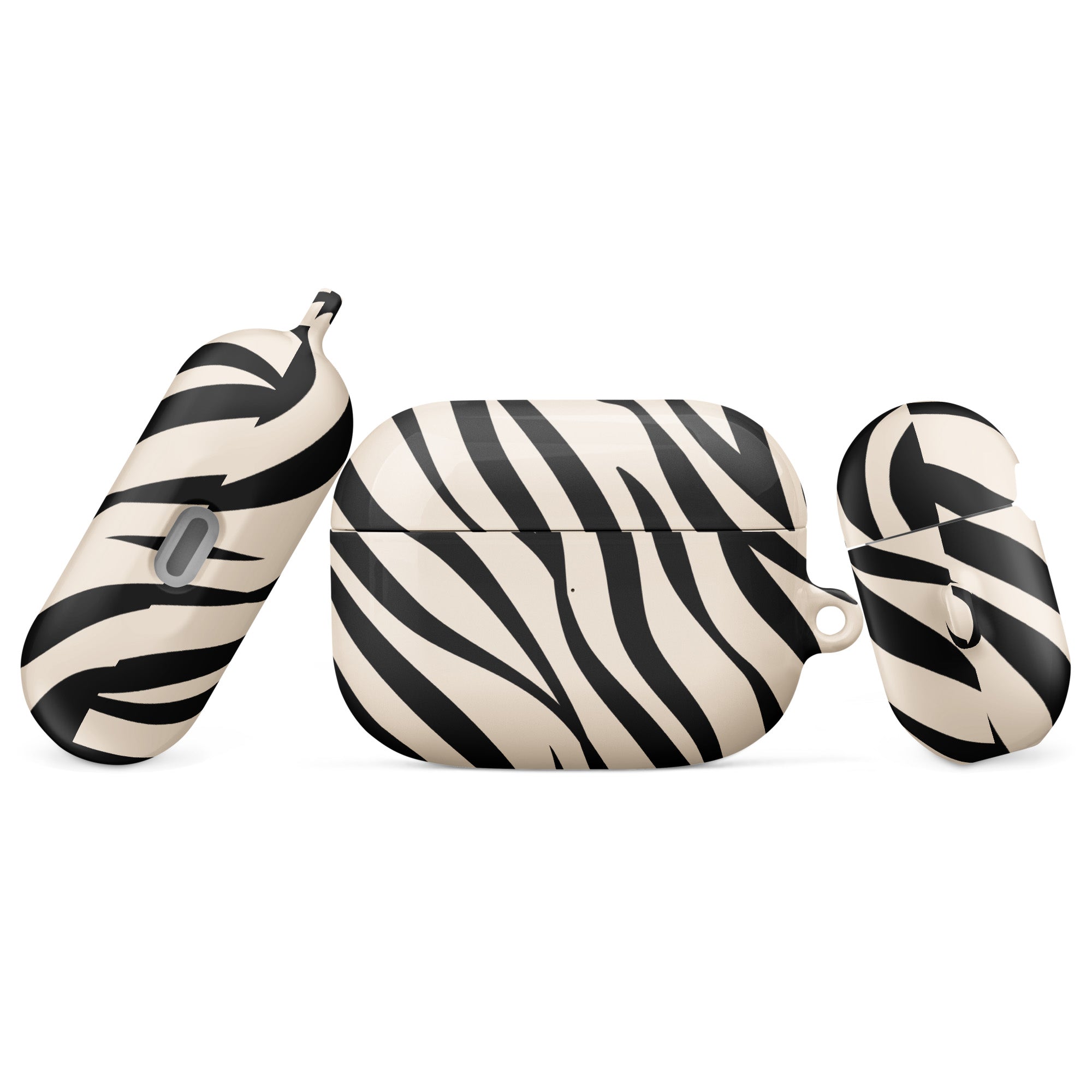 Zebra patterned case for wireless earbuds on a white background