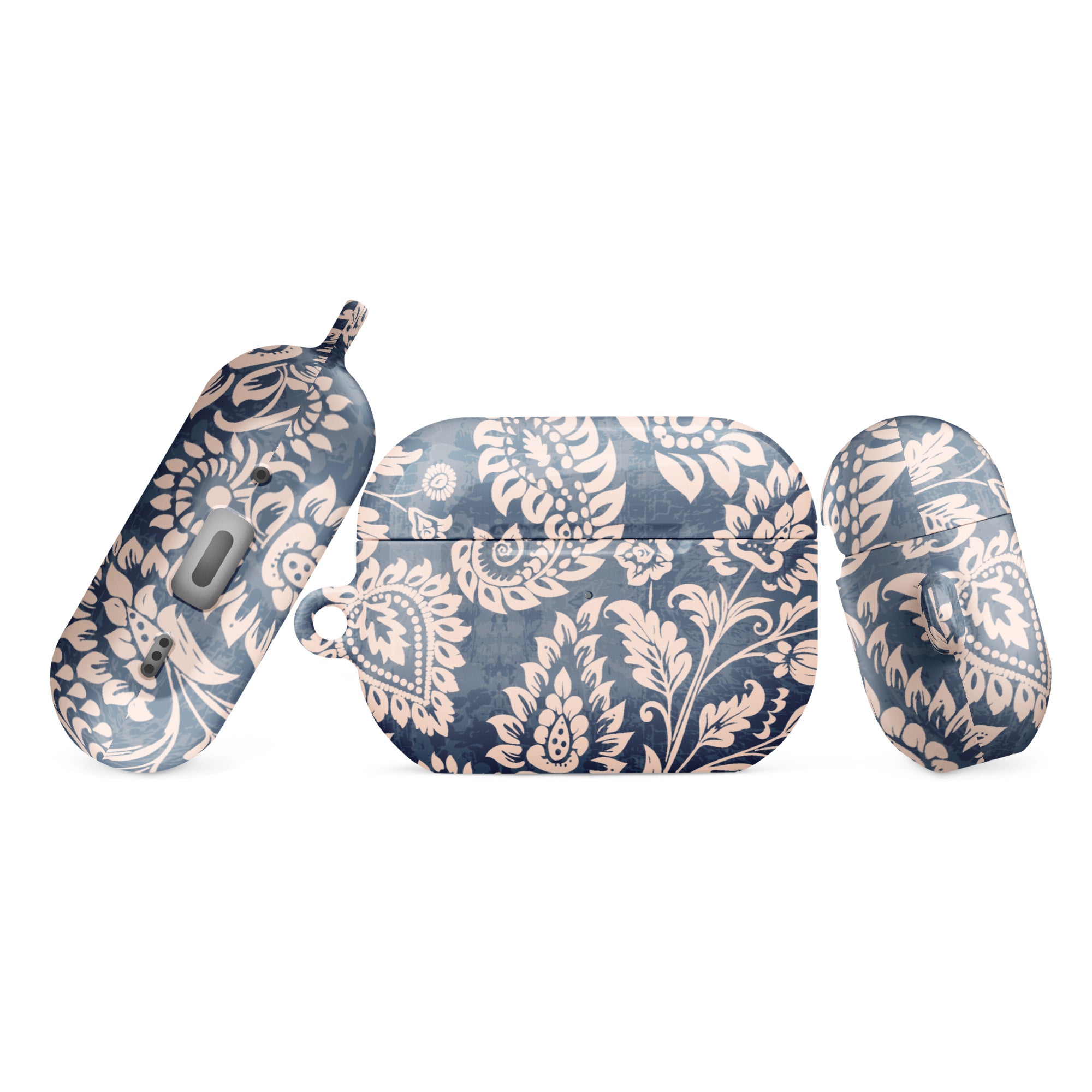 Blue and white floral patterned case for wireless earbuds on a white background