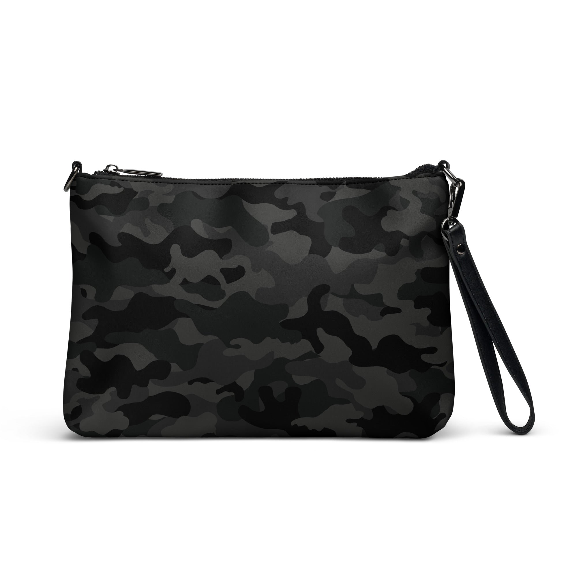 A black and gray camouflage patterned faux leather crossbody bag with a zip-top closure and adjustable straps.