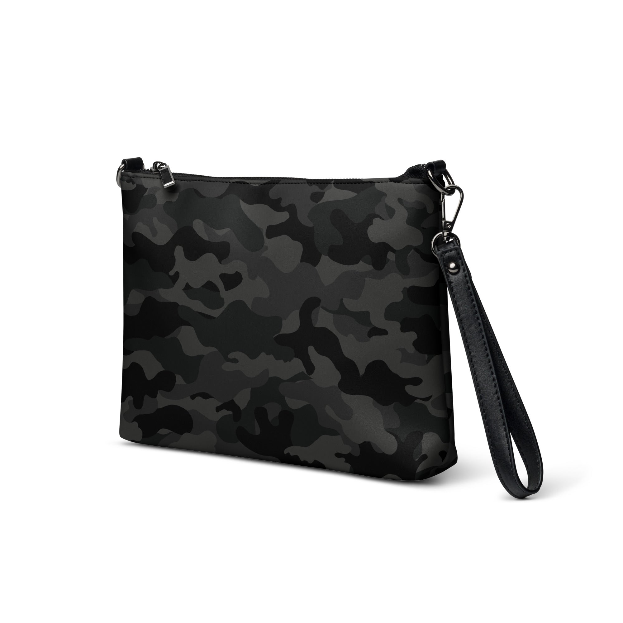 A black and gray camouflage patterned faux leather crossbody bag with a zip-top closure and adjustable straps.
