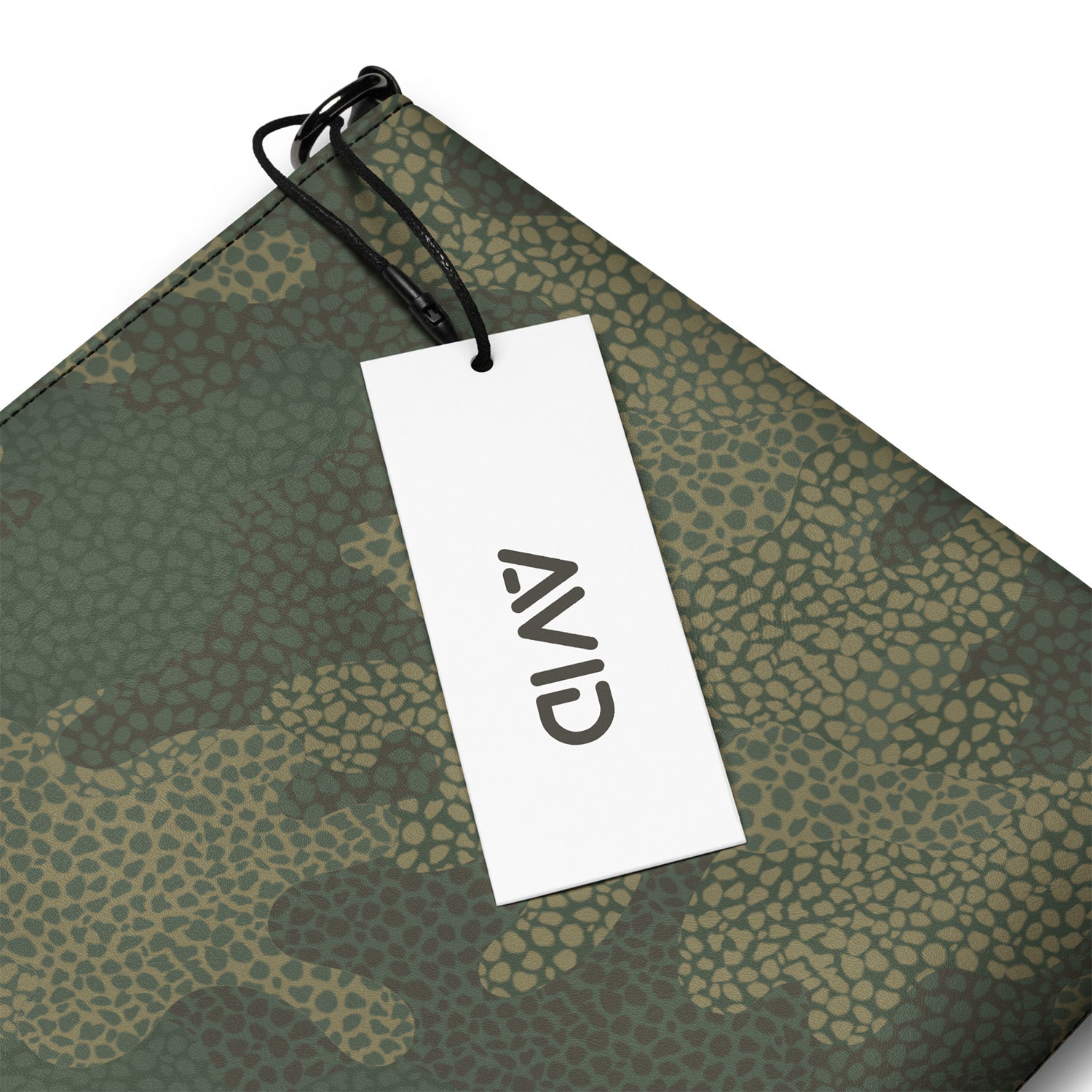 Camouflage-patterned mat with a white tag displaying the 'Avid' brand on a white background