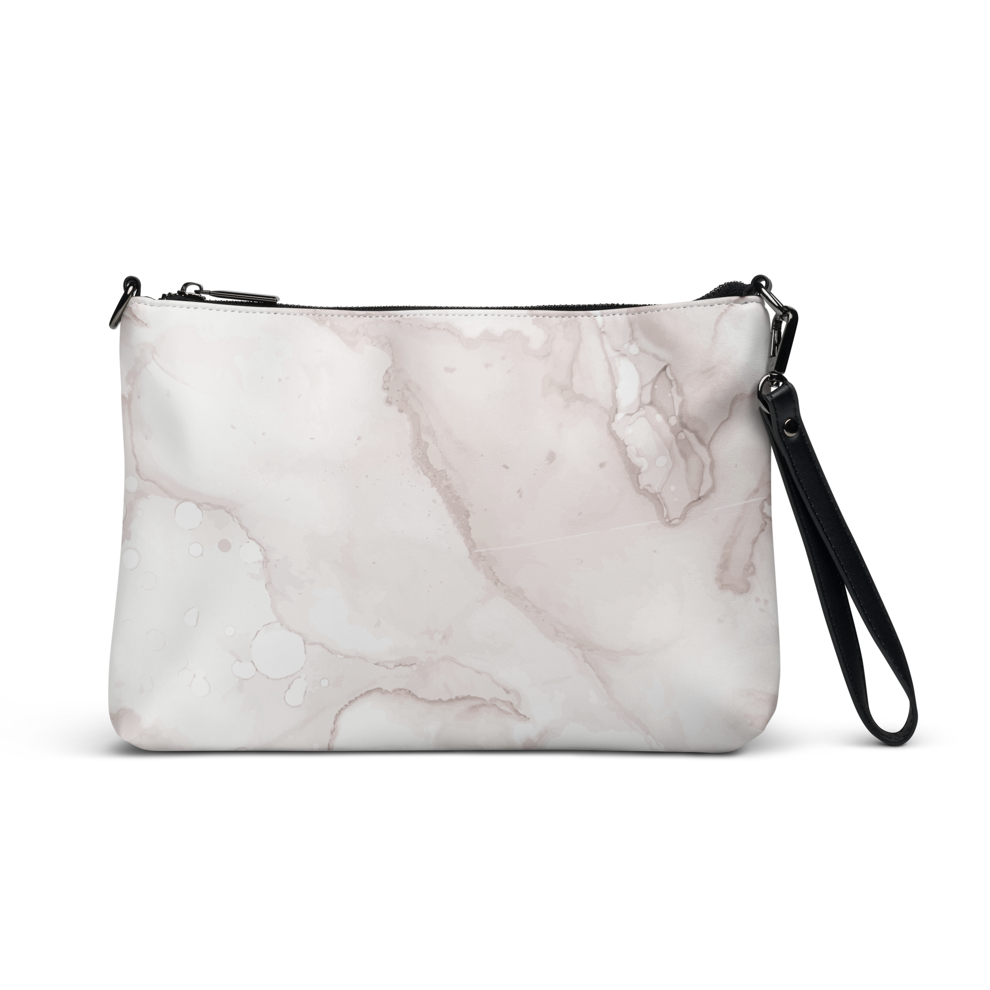 A white marble patterned faux leather crossbody bag with dark grey hardware, shown with a zip-top closure and an adjustable, removable wrist strap.