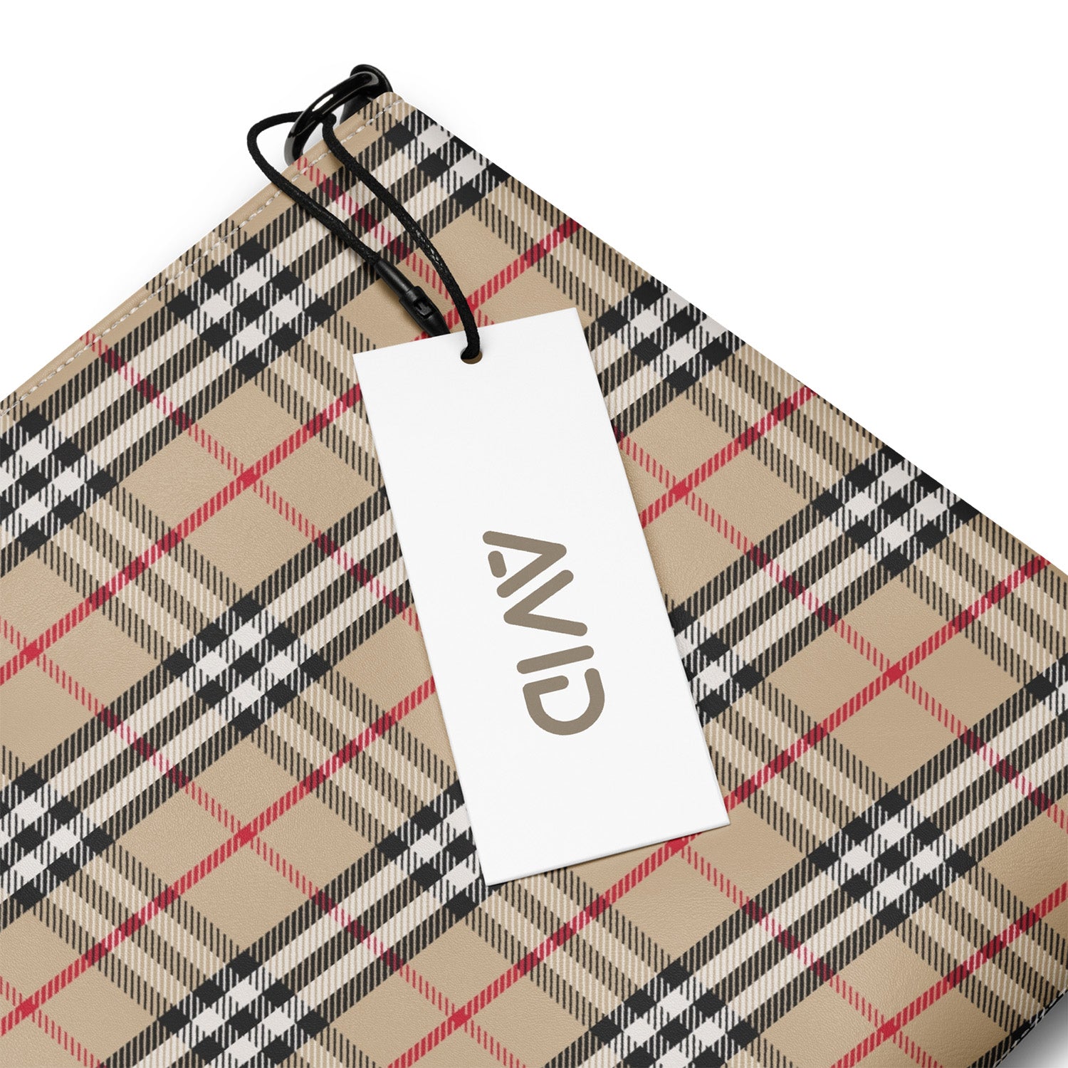 Plaid patterned product with Avid tag on a white background