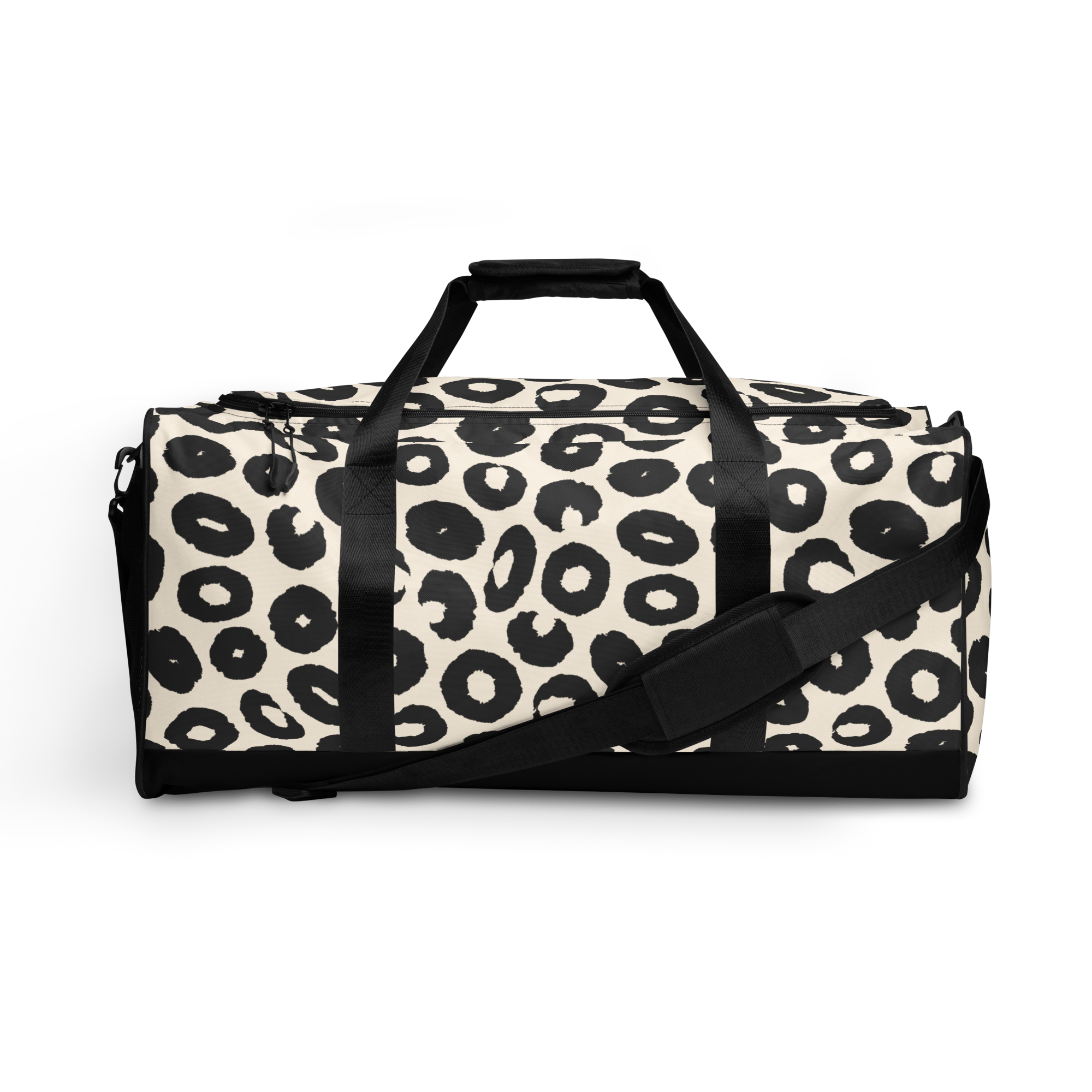 A duffle bag with a leopard print pattern, featuring a black shoulder strap and handles, and a black mesh side pocket.
