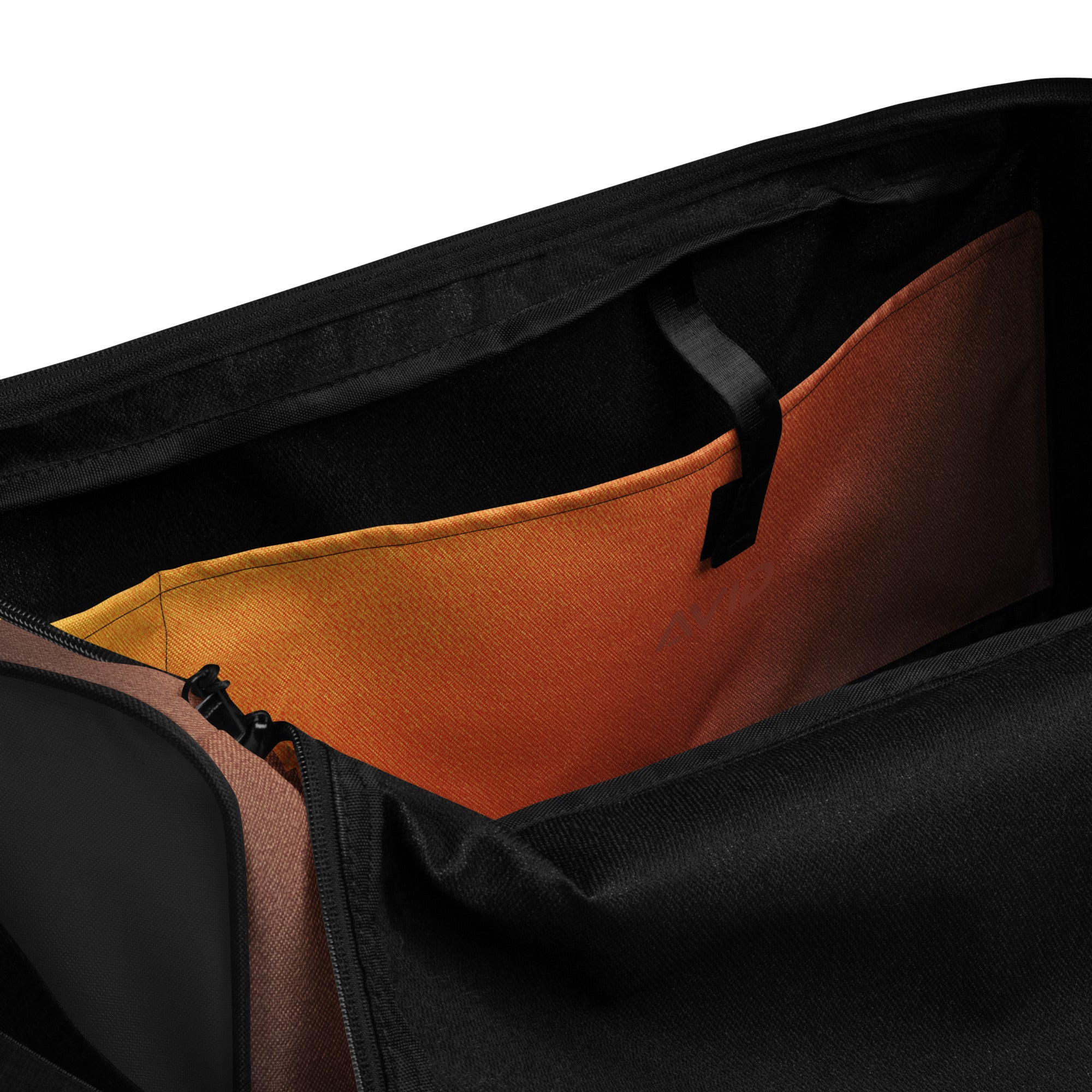Close-up of a orange fade duffel bag
