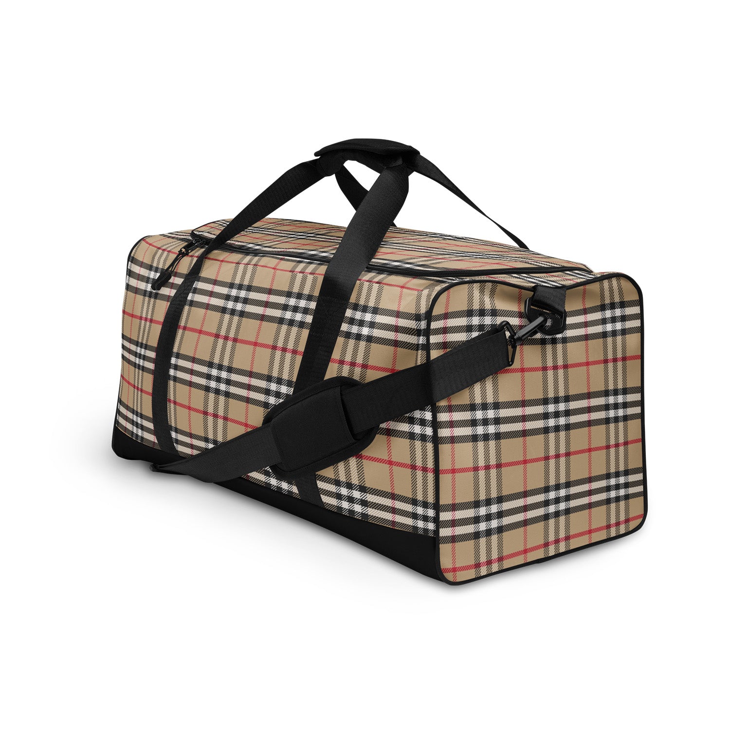 Plaid duffel bag with black straps on a white background