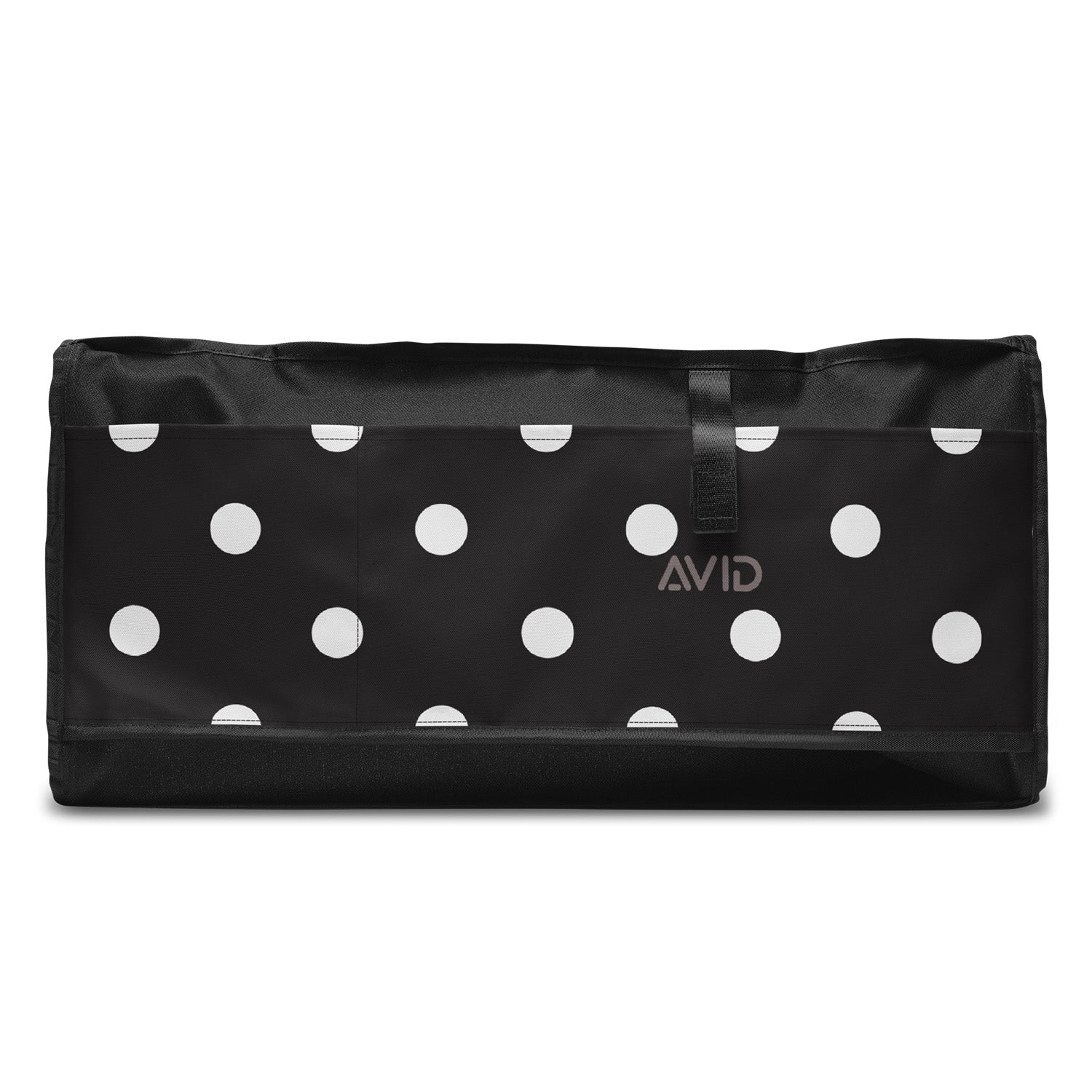 Black bag with white polka dots featuring the Avid logo on a white background