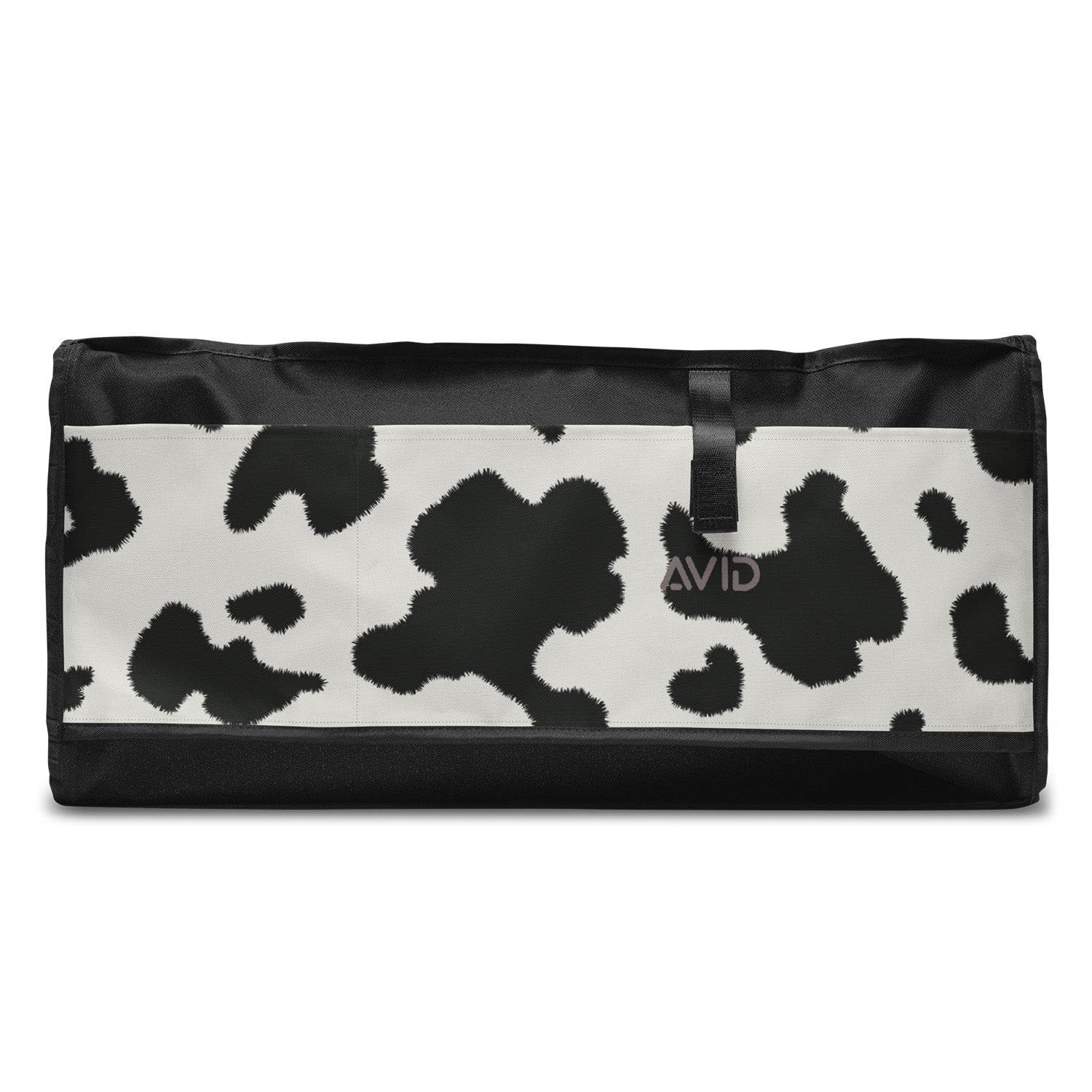 Black and white cow print bag with 'Avid' branding on a white background