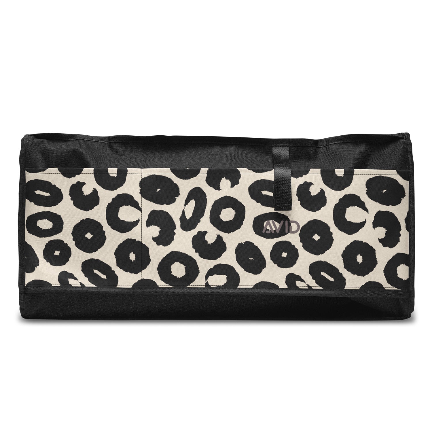 Black and white leopard print bag with a visible brand logo on a white background