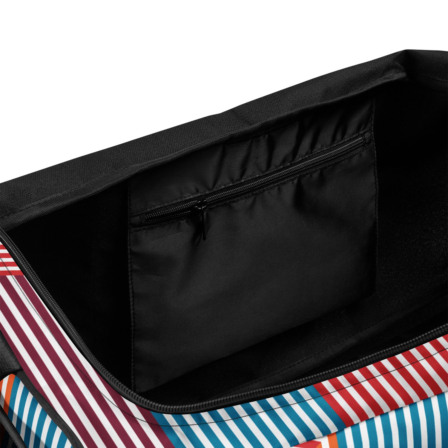 Striped duffel with open black interior