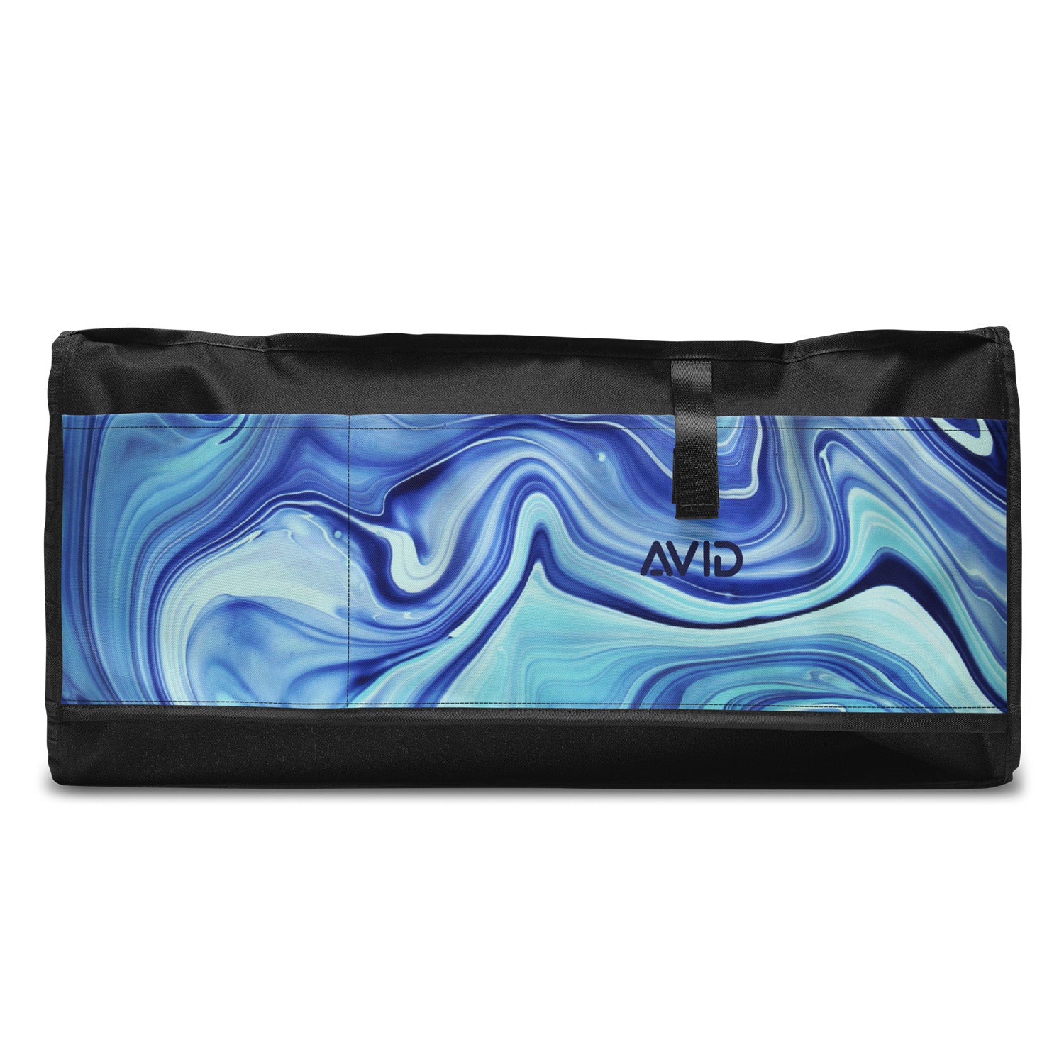 Black duffel bag with blue and white abstract pattern on a white background