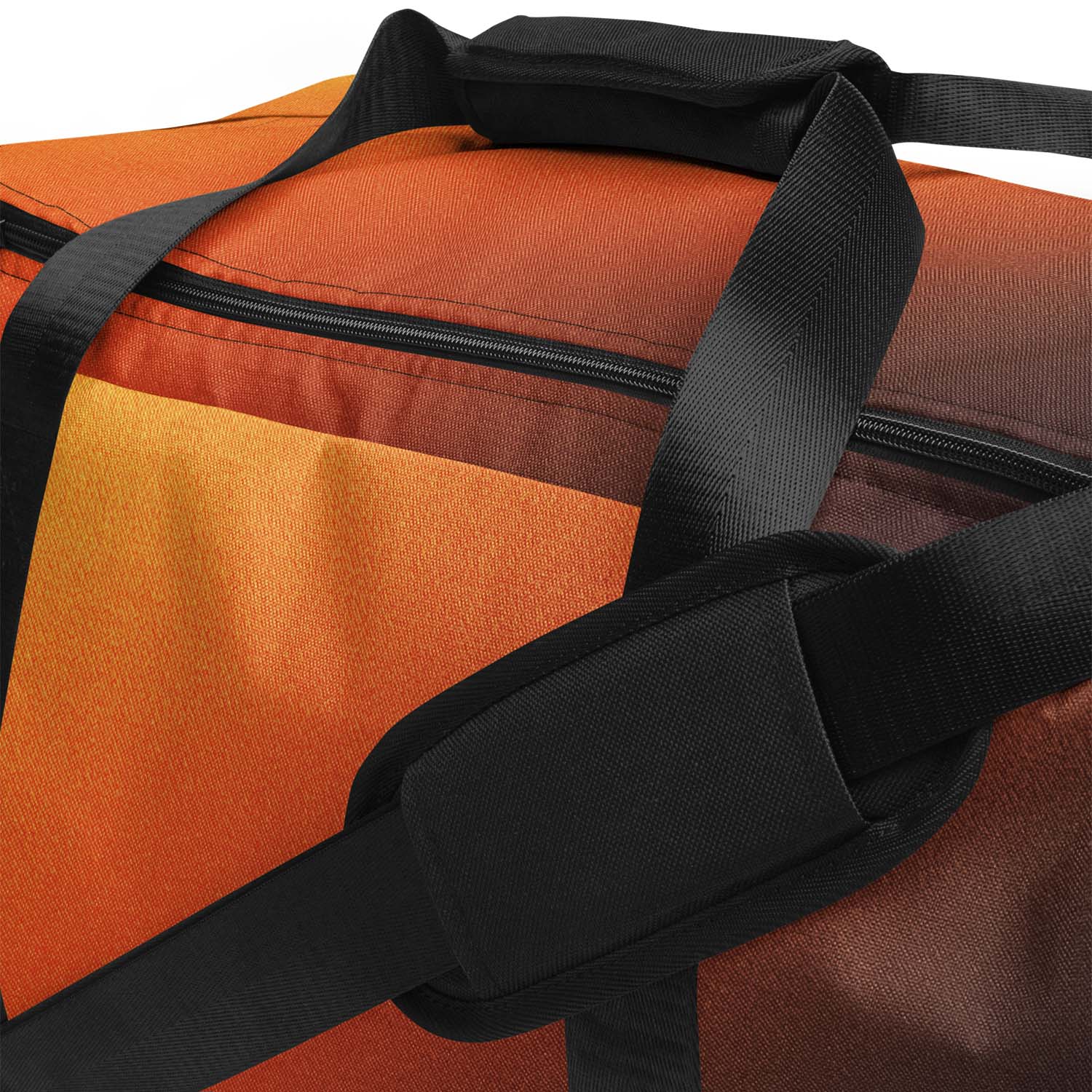 Orange duffel bag with black straps on a white background