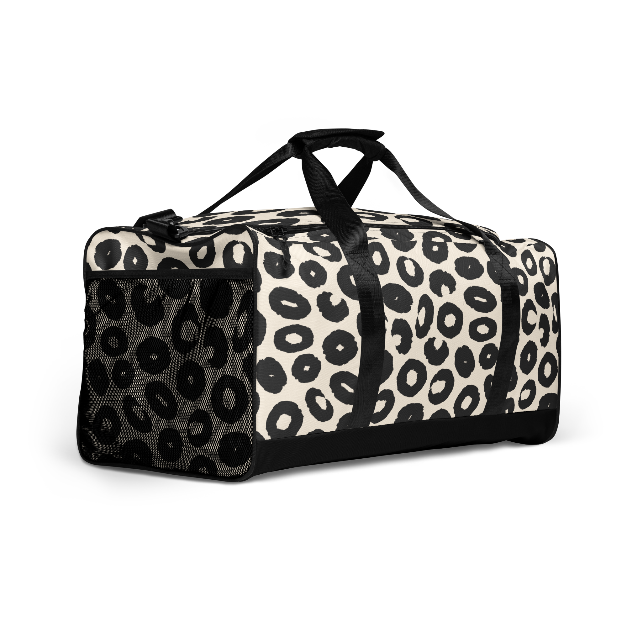 Leopard print duffel bag with black straps on a white background