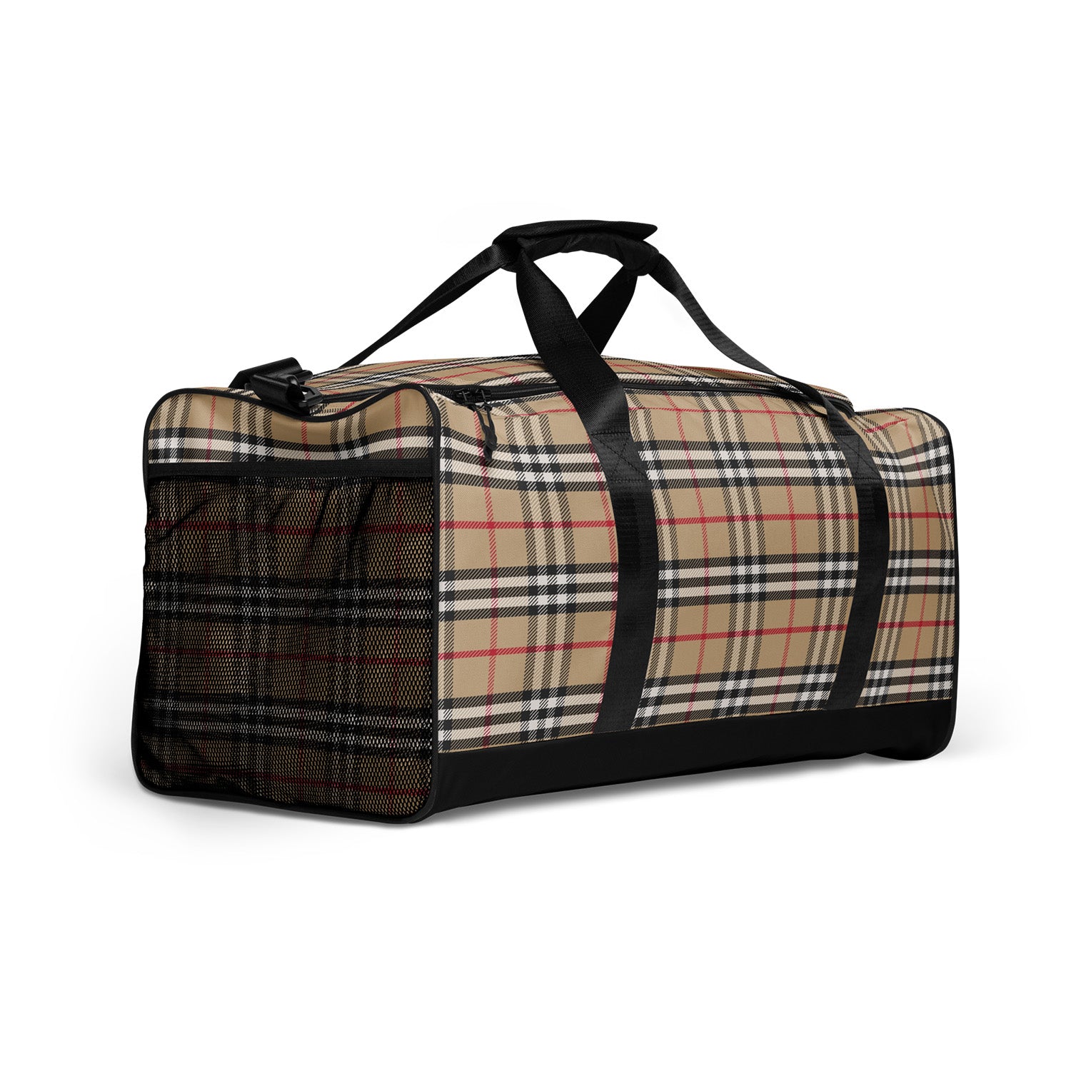 Plaid duffel bag with black straps on a white background