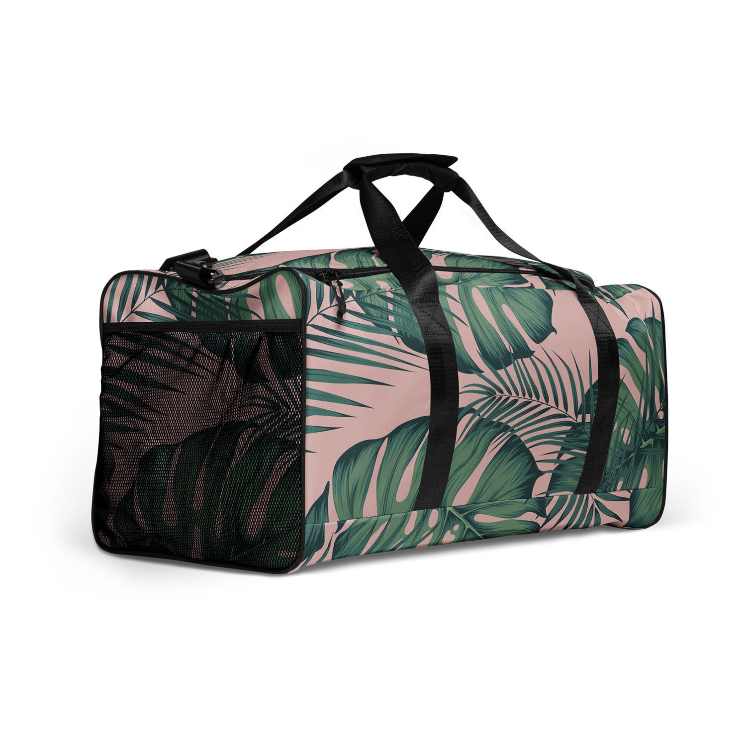 Duffel bag with tropical leaf pattern on a white background