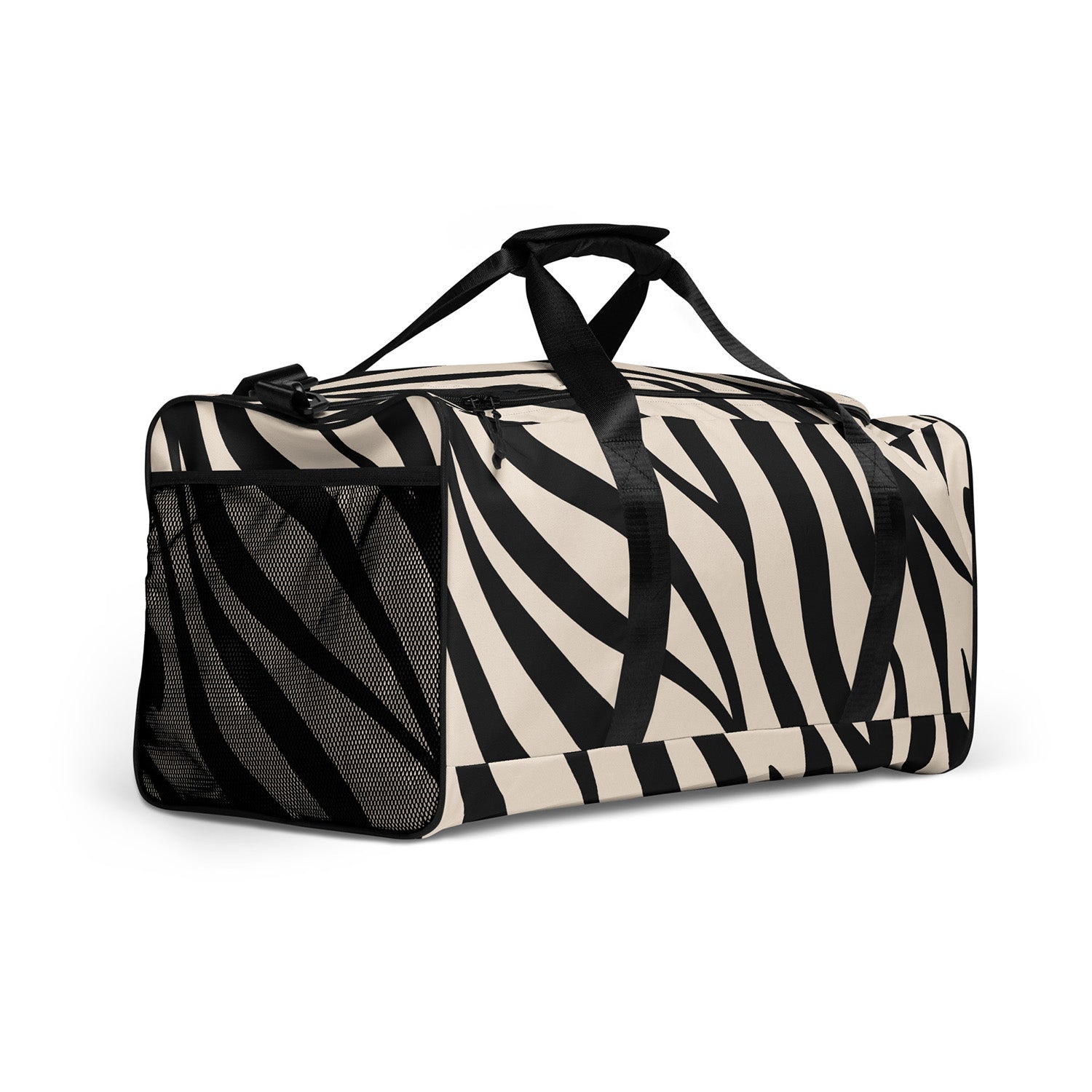 Zebra-patterned duffel bag on a white background