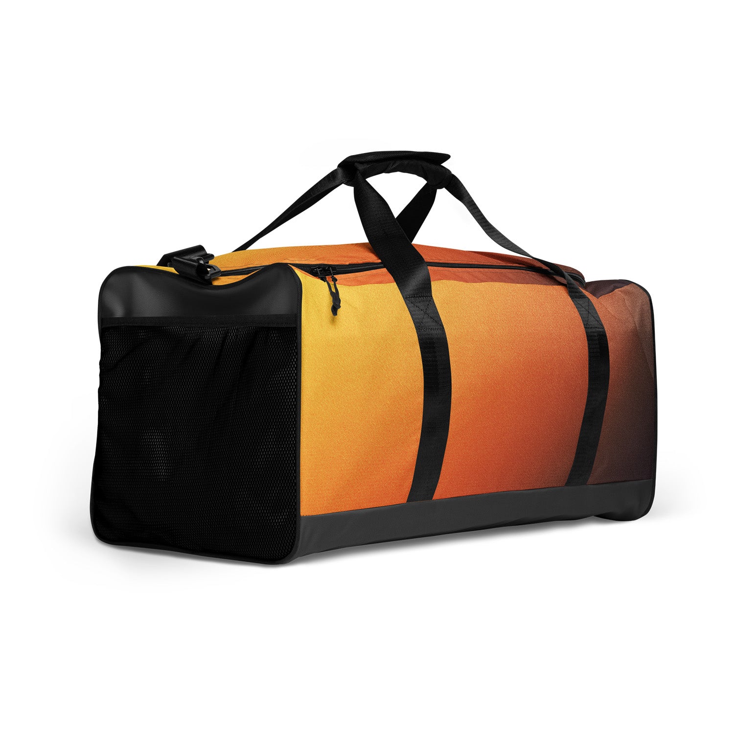 Black and orange duffel bag on a white background