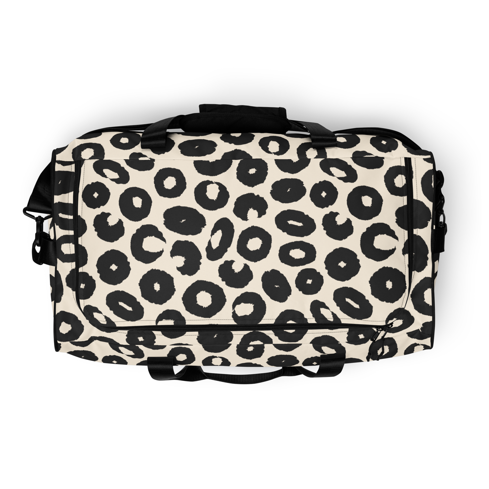 Leopard print duffel bag with black straps on a white background