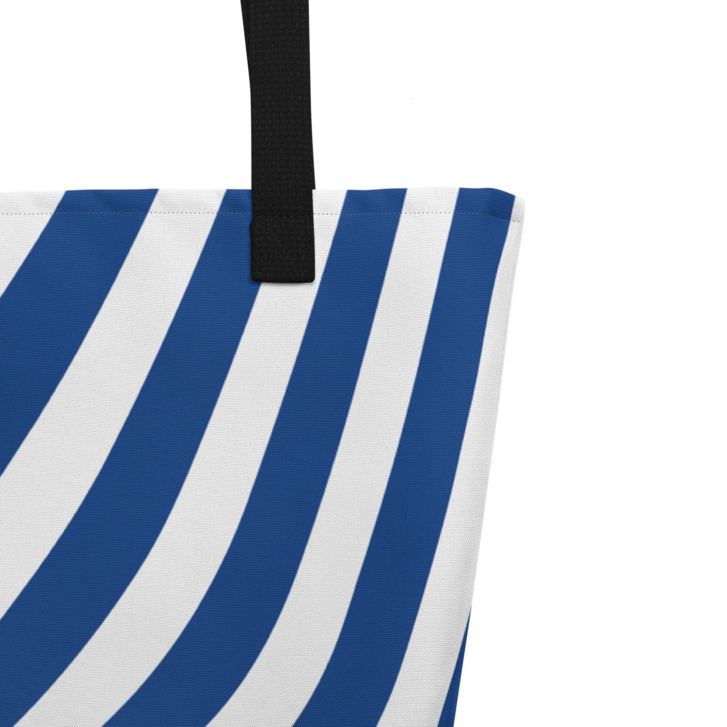 Close-up of Blue Wave patterned Tote bag handle on a white background