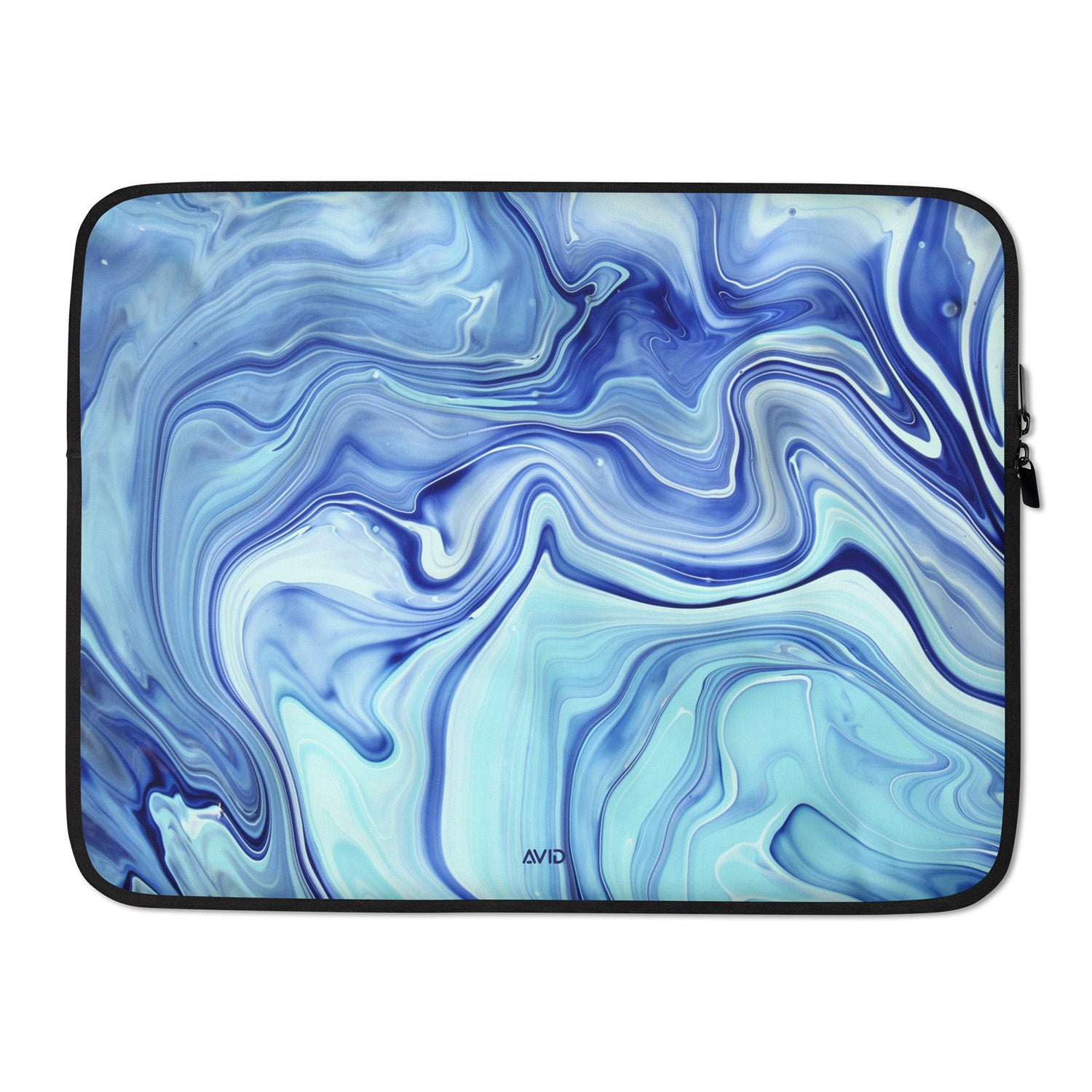 Blue and white marbled patterned laptop sleeve with Aveda branding on a white background