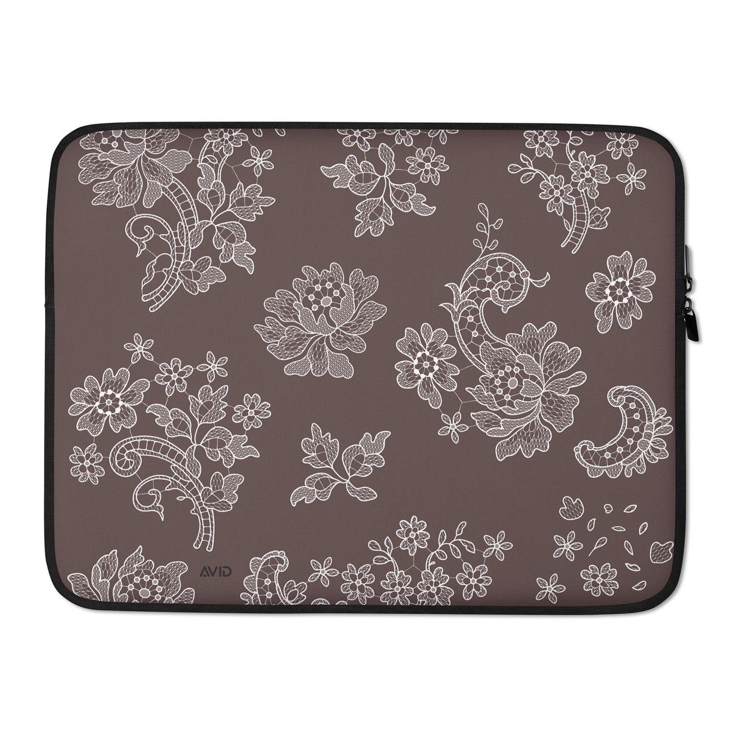 Floral patterned laptop sleeve on a brown background