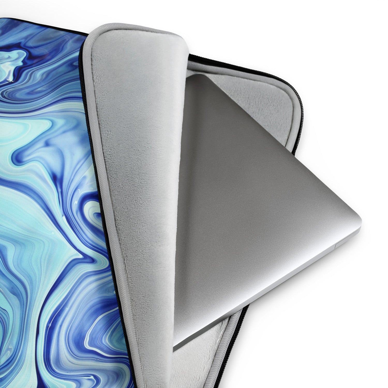 Laptop sleeve with a marble patterned sleeve on a white background