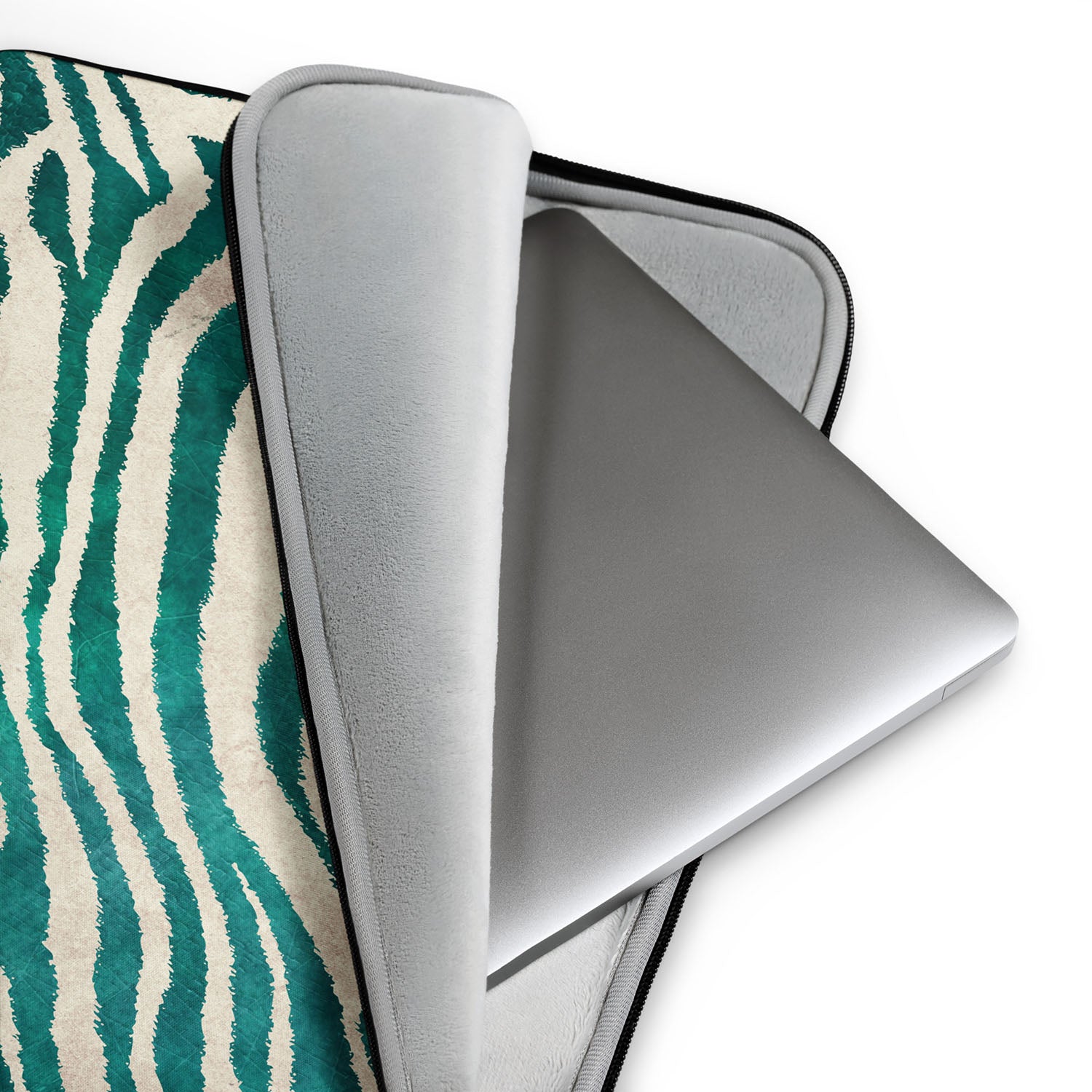 Green zebra patterned laptop sleeve on a white background