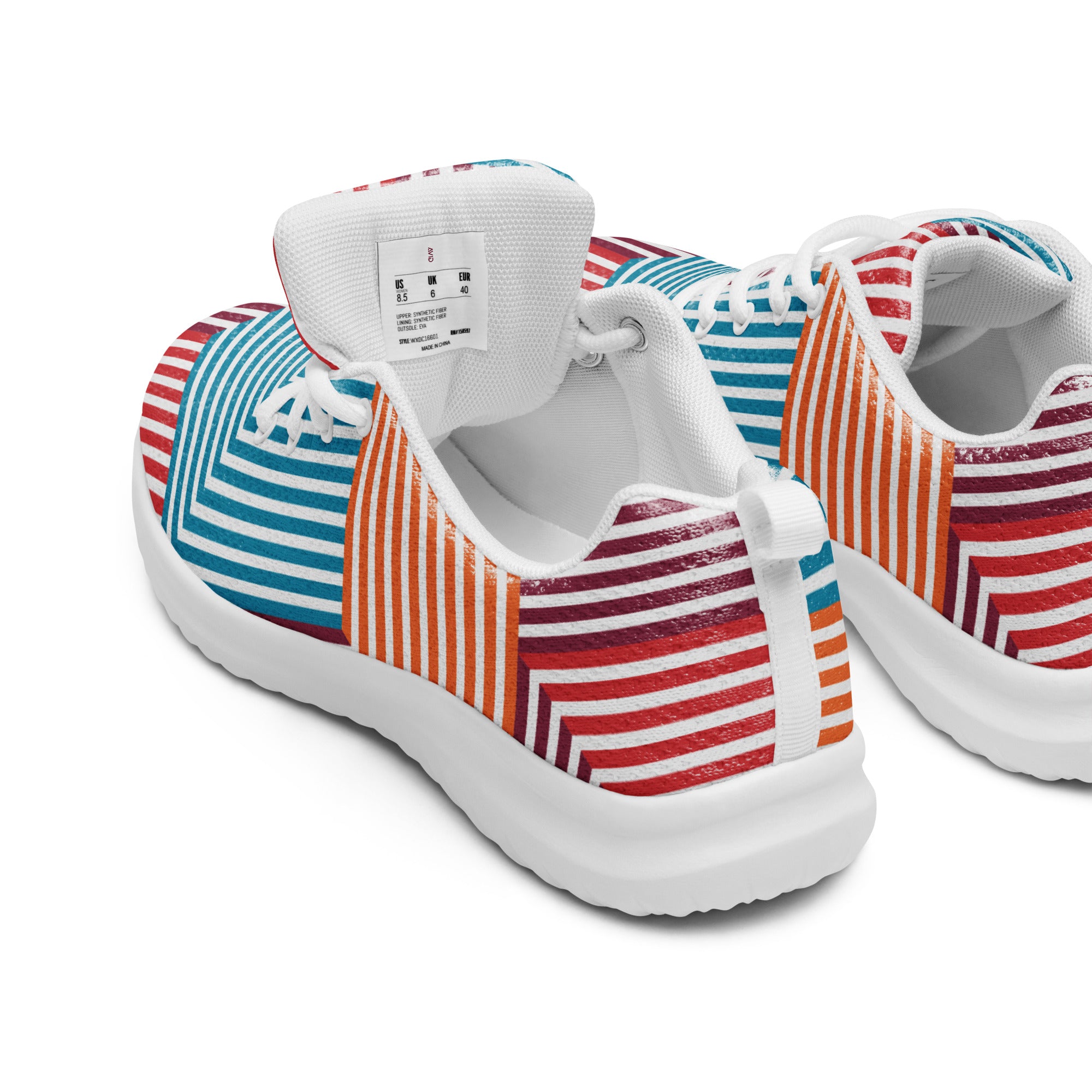 Pair of sneakers with red, white, and blue striped pattern on a white background