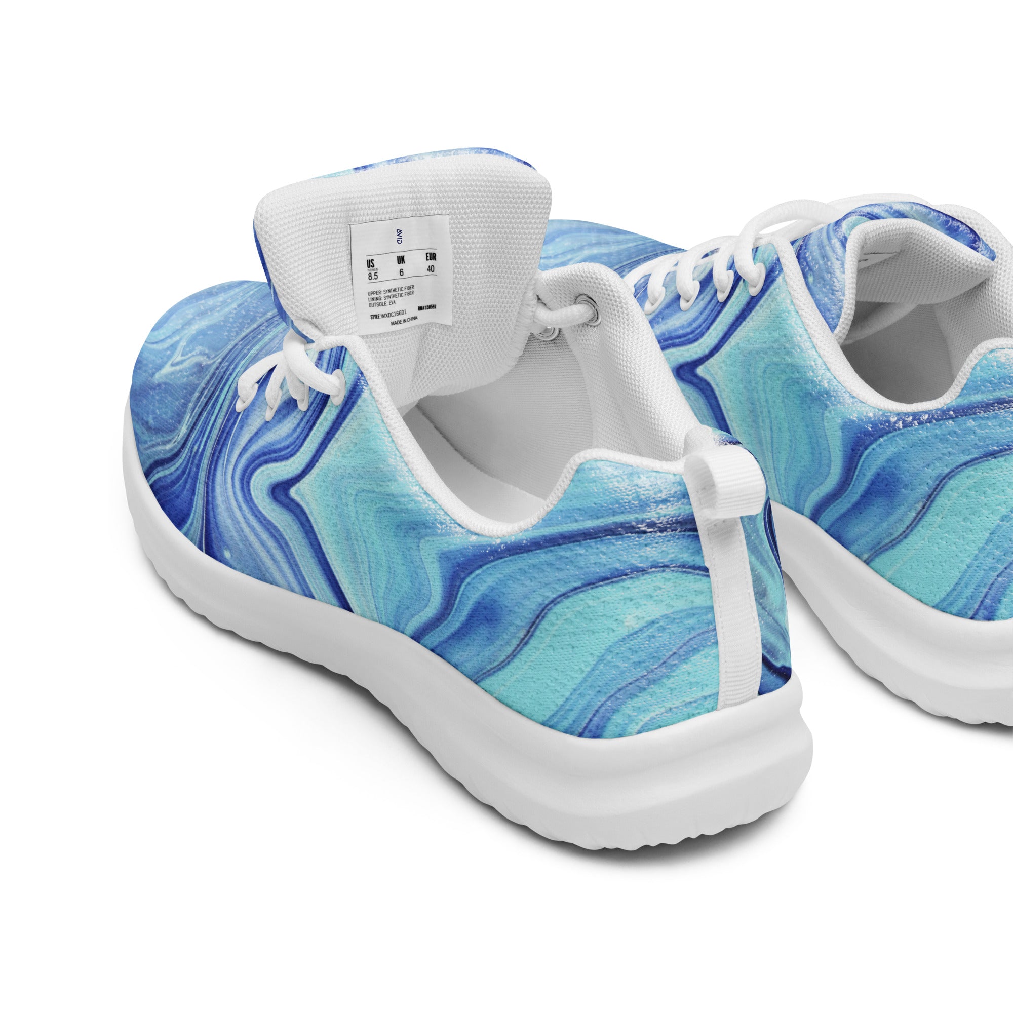 Blue splash running shoes with black soles on a white background