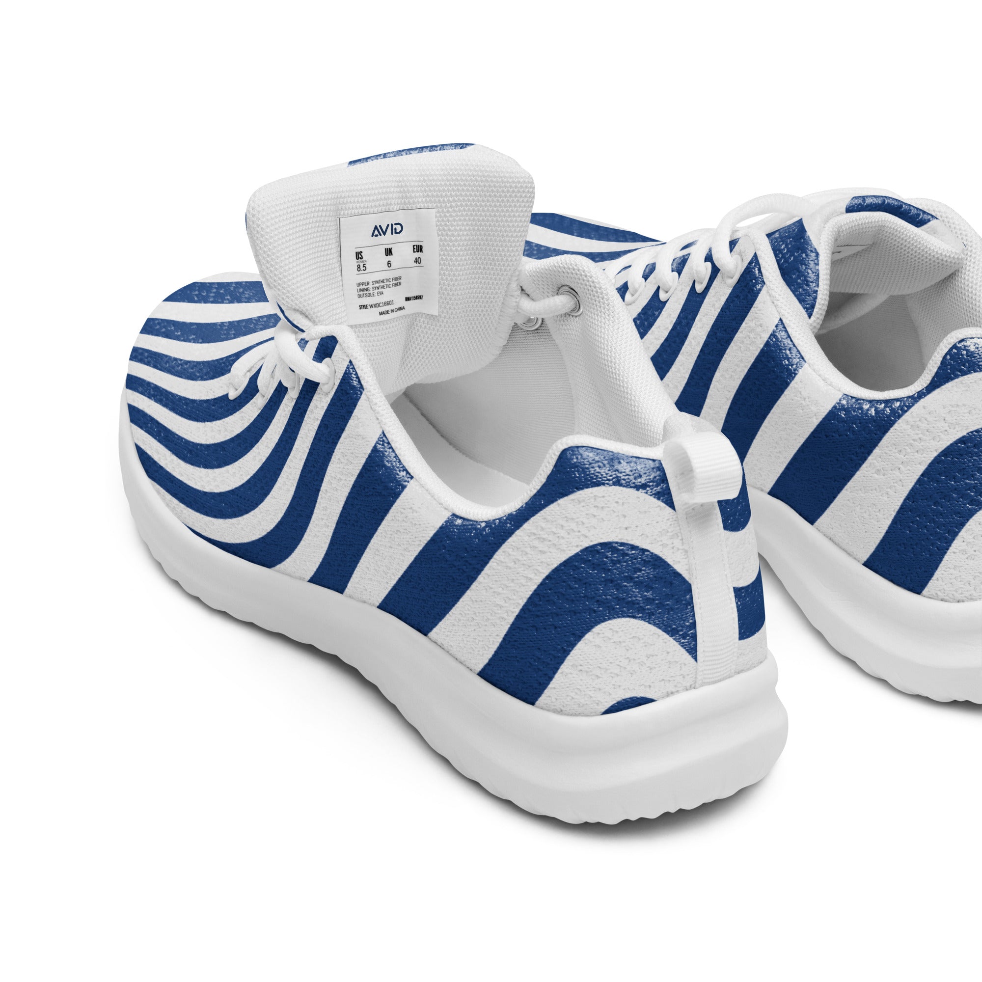 White sneakers with blue wave pattern on a white background