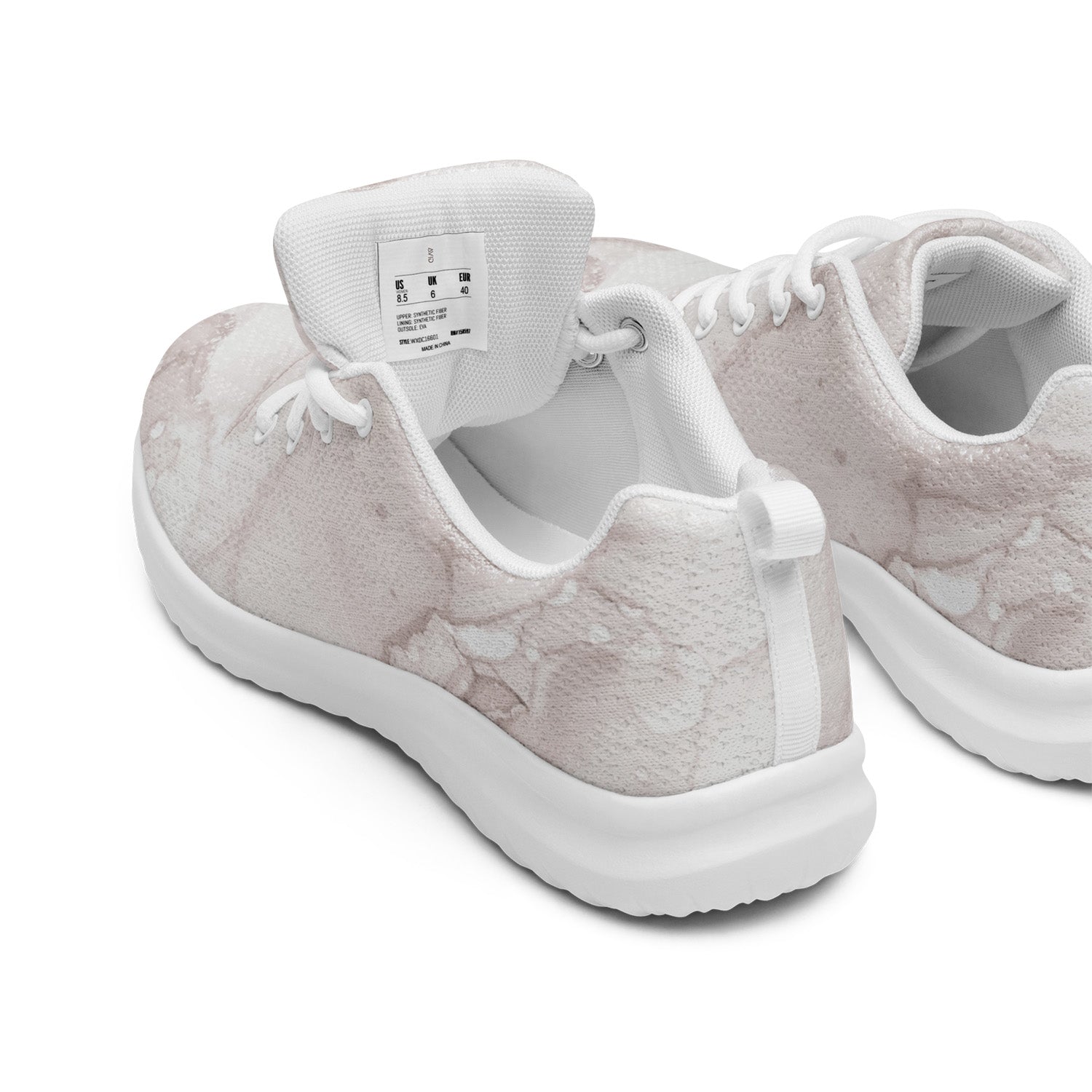 Pair of white marble patternsneakers with white soles on a white background